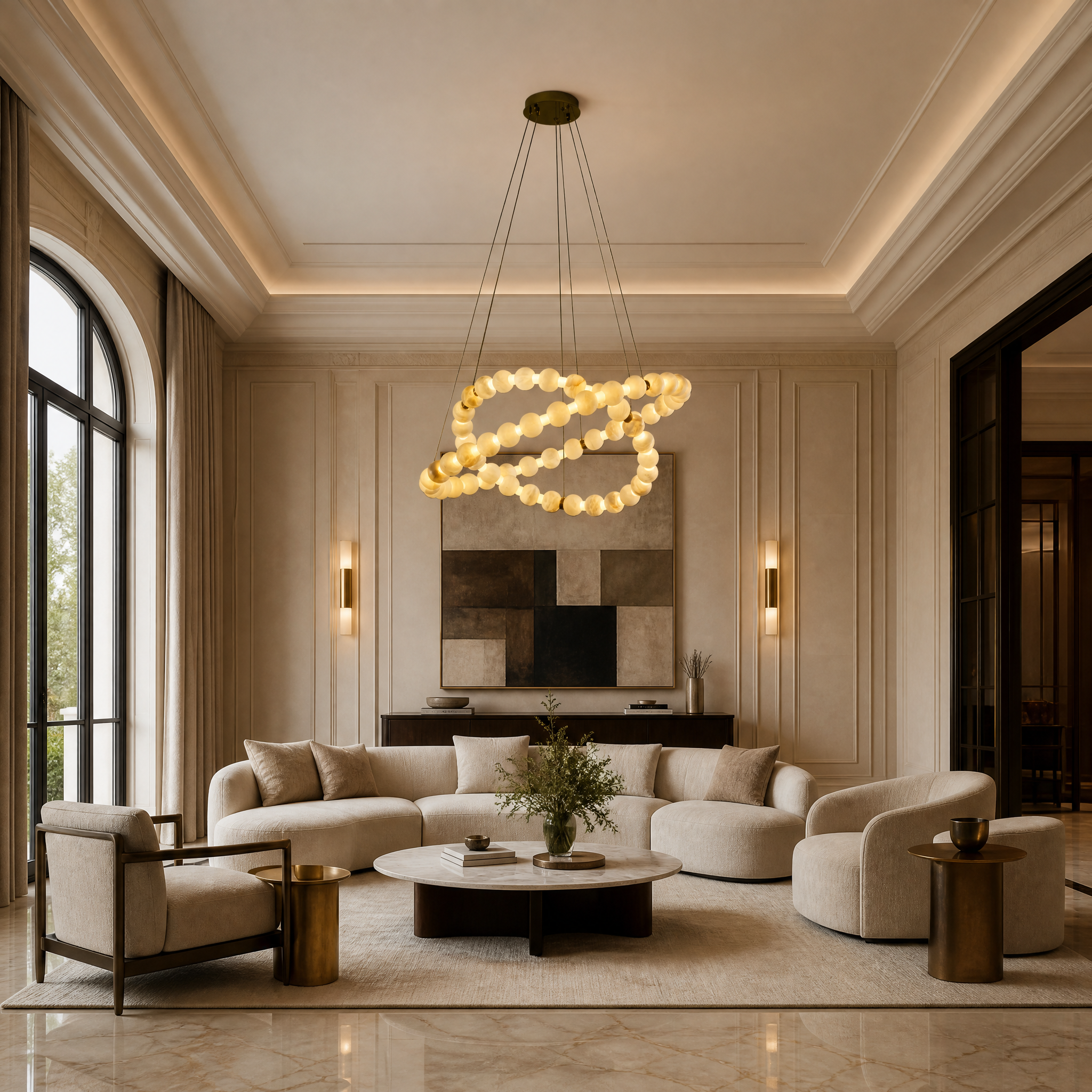 VORELLI Orbella double ring chandelier with marble spheres illuminating a grand residential luxury foyer and staircase.