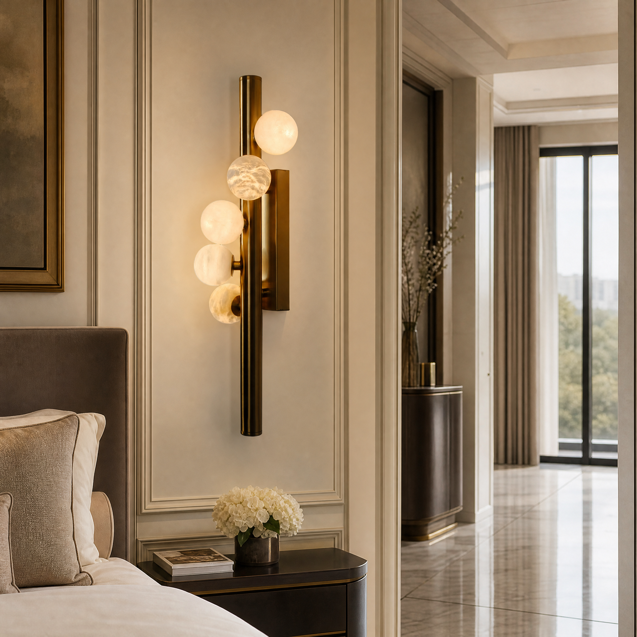 VORELLI Orbit Marble Wall Light illuminating a luxury residential living room with a warm glow, showcasing its sleek vertical frame and spherical marble globes.