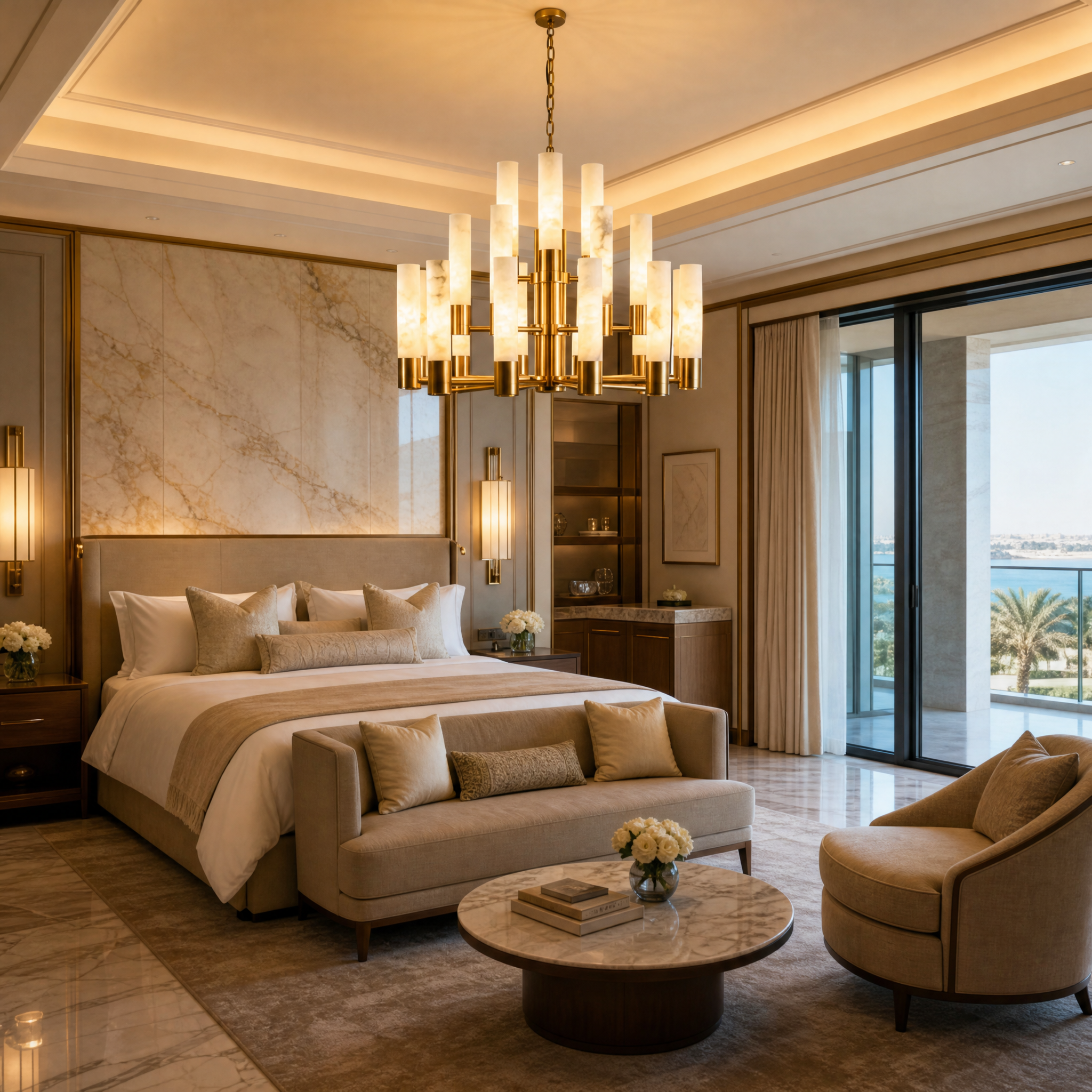 VORELLI Oritano multi-tiered Spanish alabaster and brass chandelier suspended as a grand centrepiece in a high-end hotel lobby or hospitality interior.
