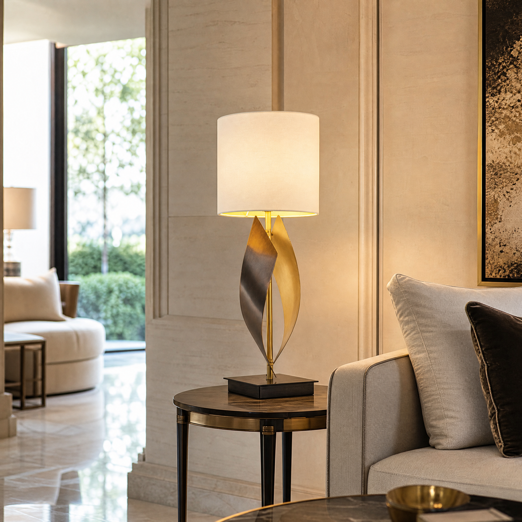 VORELLI Orvessa antique brass table lamp with a flowing twisted metallic structure and a cream fabric shade styled in a luxury modern residential living room setting.