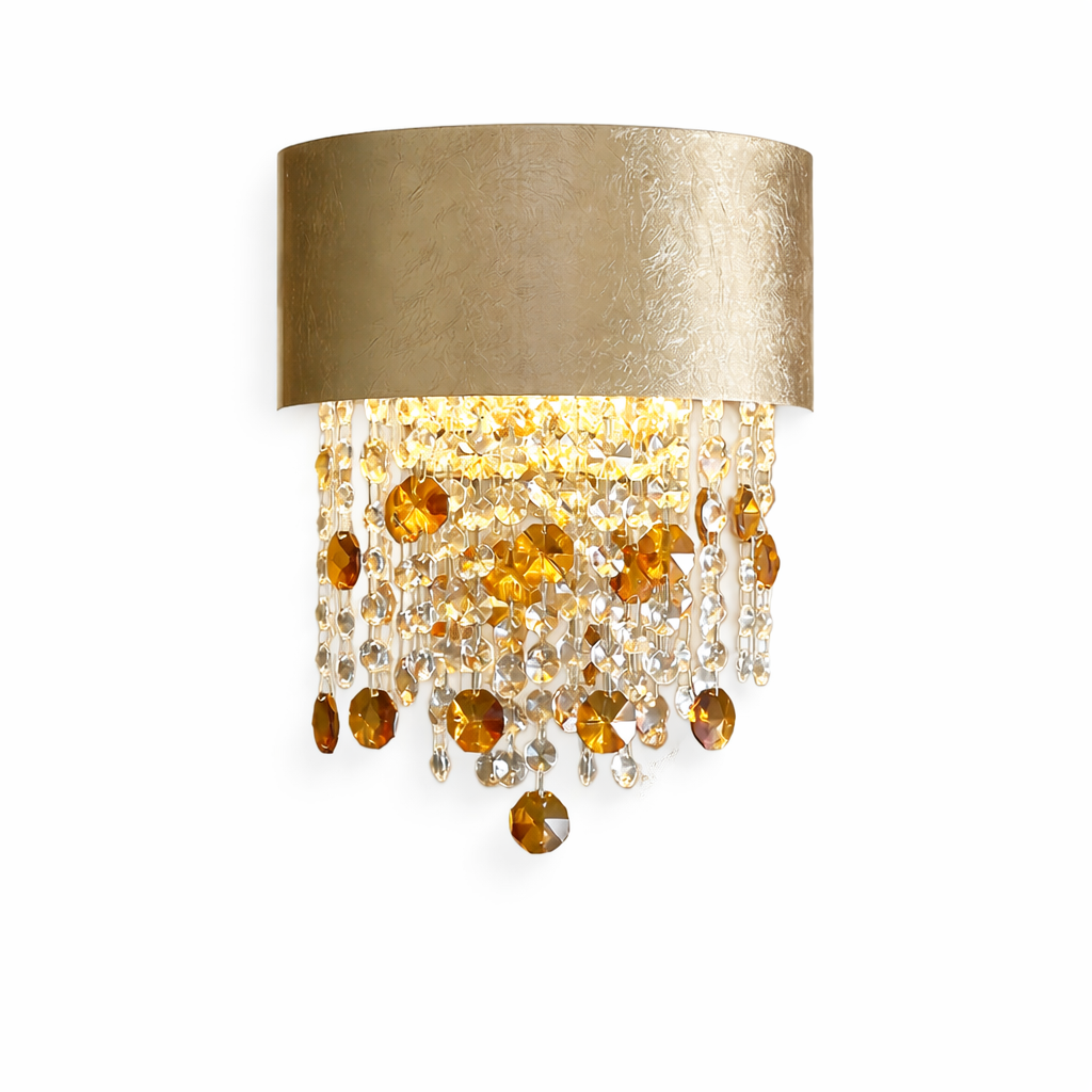Owensboro modern wall light featuring intricate textured gold foil and shimmering diamond-cut octagon crystal chains in a luxury residential setting.