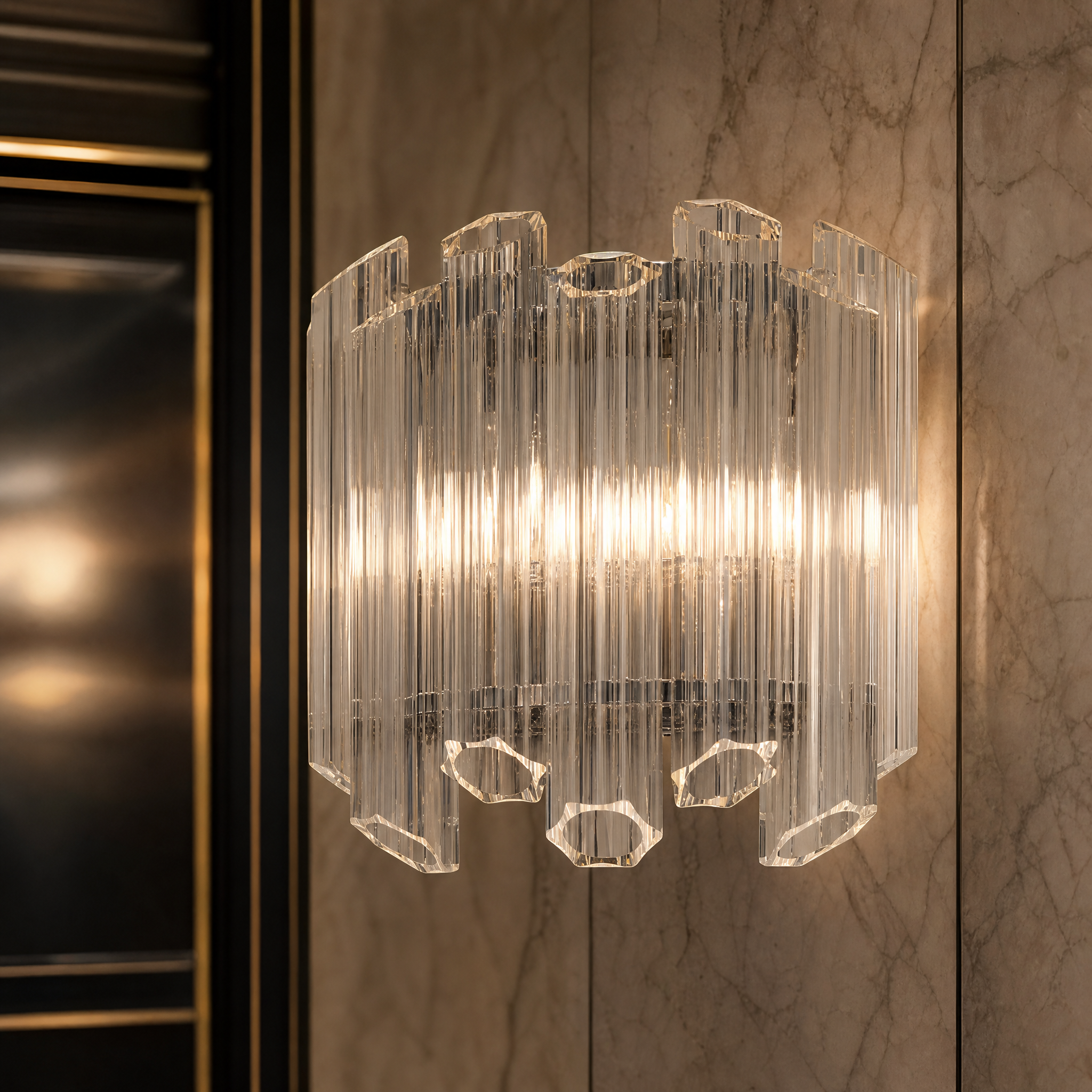 Macro closeup of the Palermino IP44 Wall Light, detailing the precision-cut hexagonal glass tubes suspended from a premium nickel-plated iron frame.