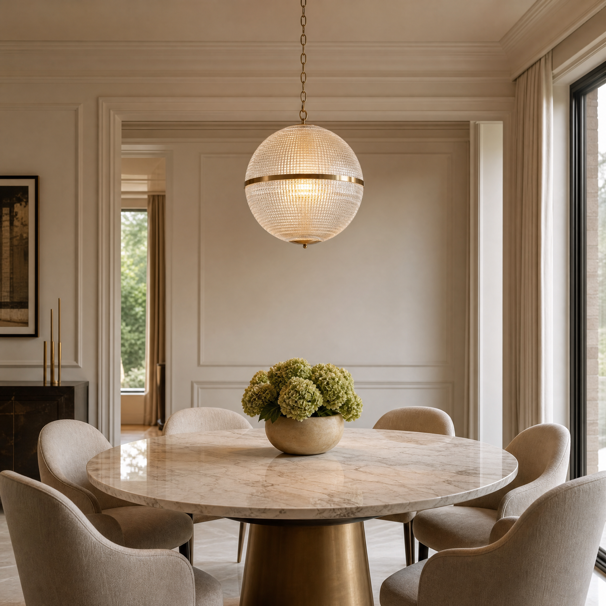 A kitchen dining table illuminated by a row of VORELLI Parigino IP44 prismatic glass globe pendant lights with brass hardware.