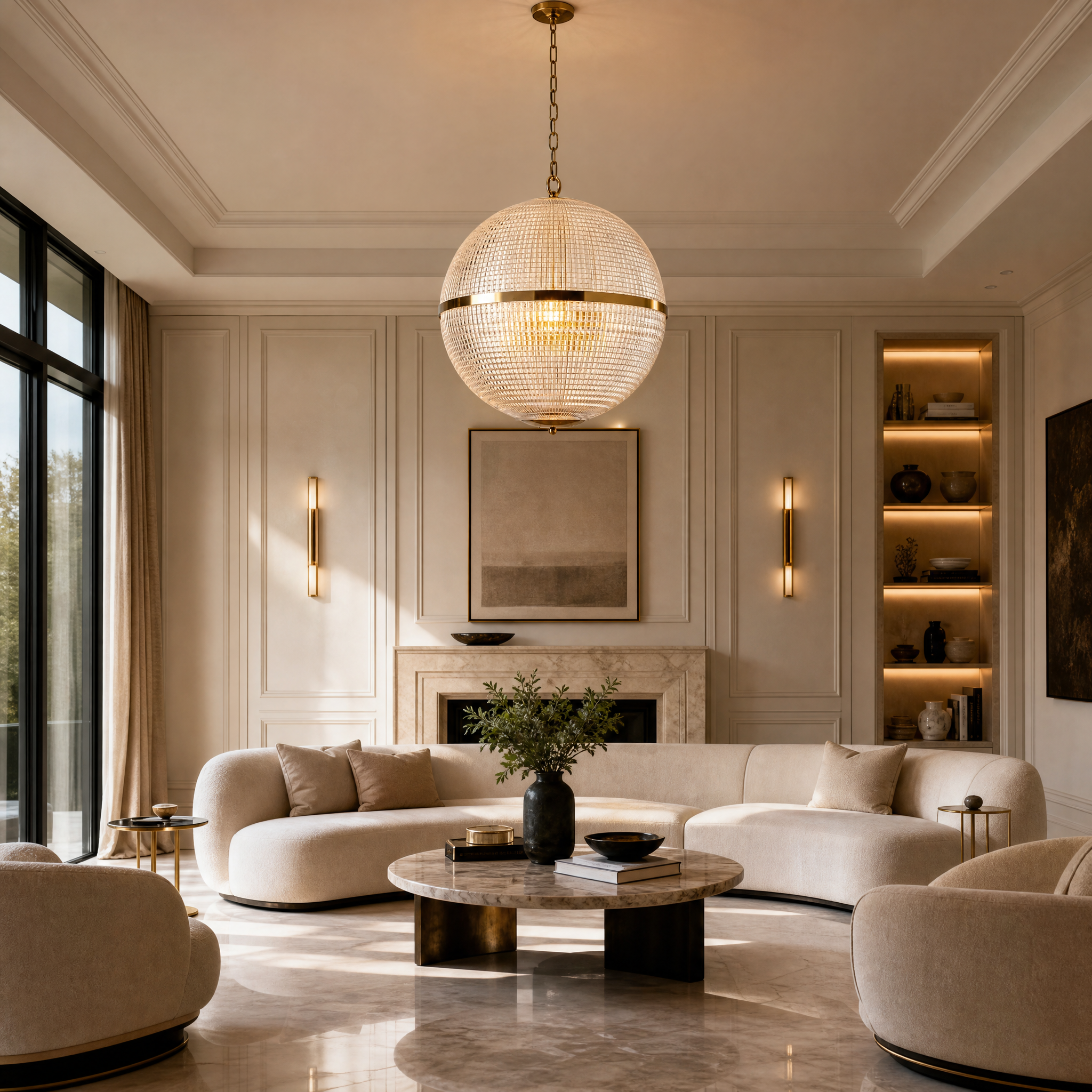 VORELLI Parigino large IP44 prismatic glass globe pendant light with brass hardware hanging over a modern residential kitchen island.