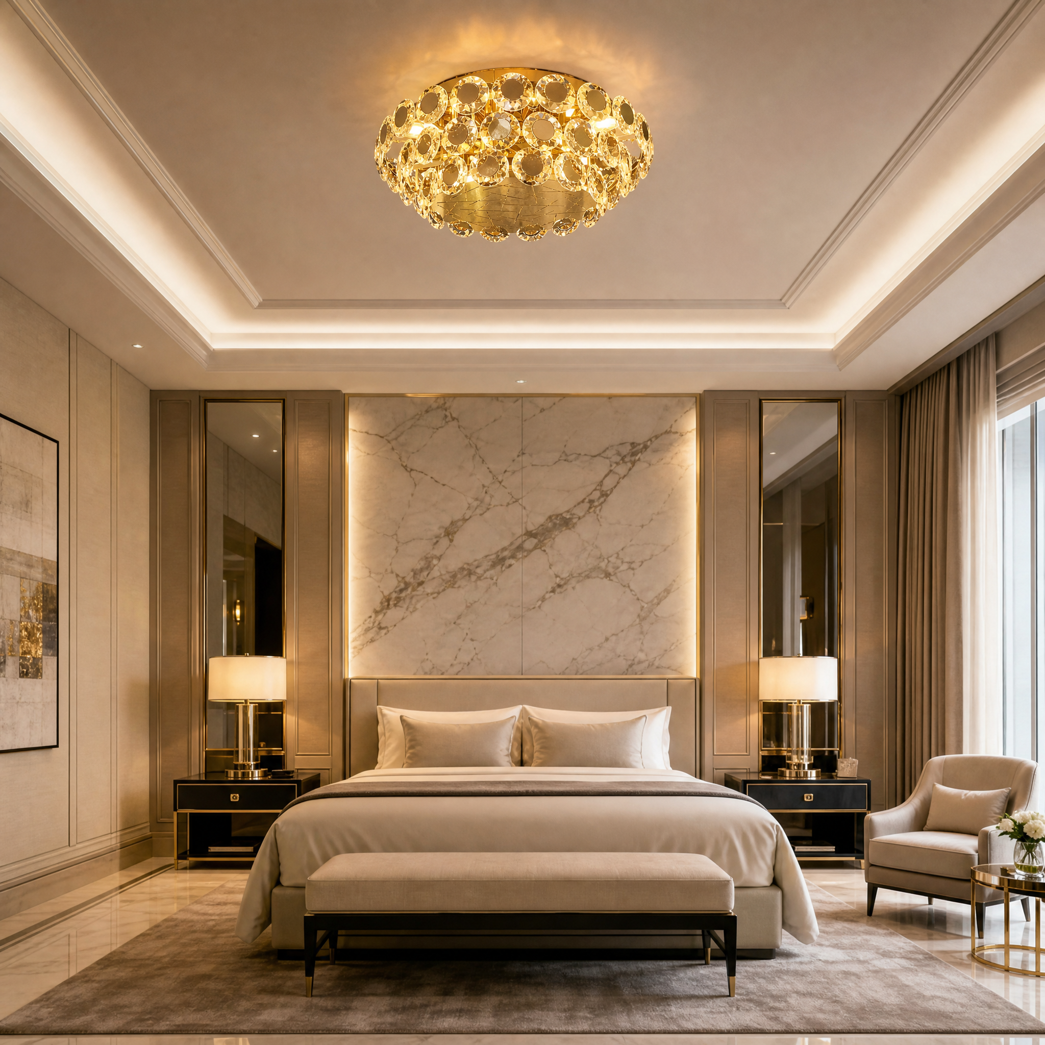 The eclectic VORELLI Patara ceiling fixture in a brushed titanium gold finish casting a sophisticated glow across a high-end boutique hotel lobby.