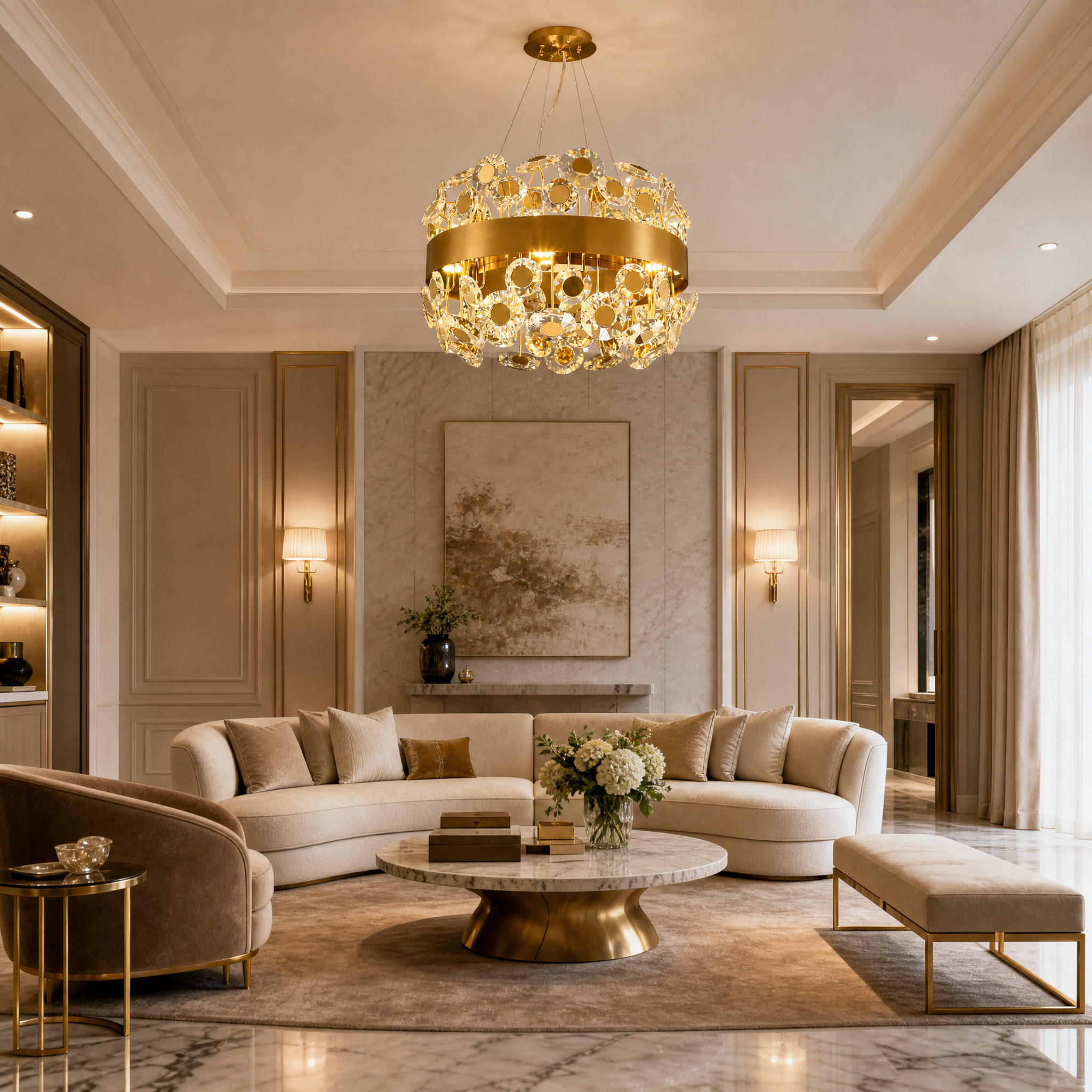 VORELLI Patara circular crystal chandelier illuminating a modern luxury residential living room with a warm, elegant ambiance.