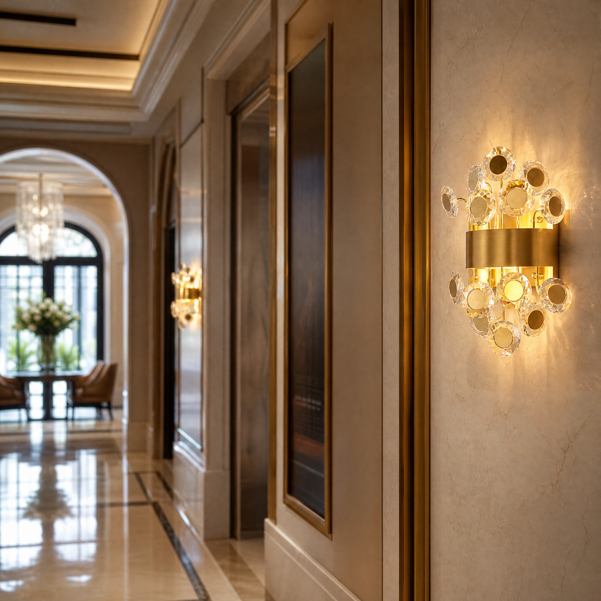 An eclectic yet refined Patara crystal wall sconce by VORELLI illuminating an upscale hotel lobby and commercial hospitality interior.