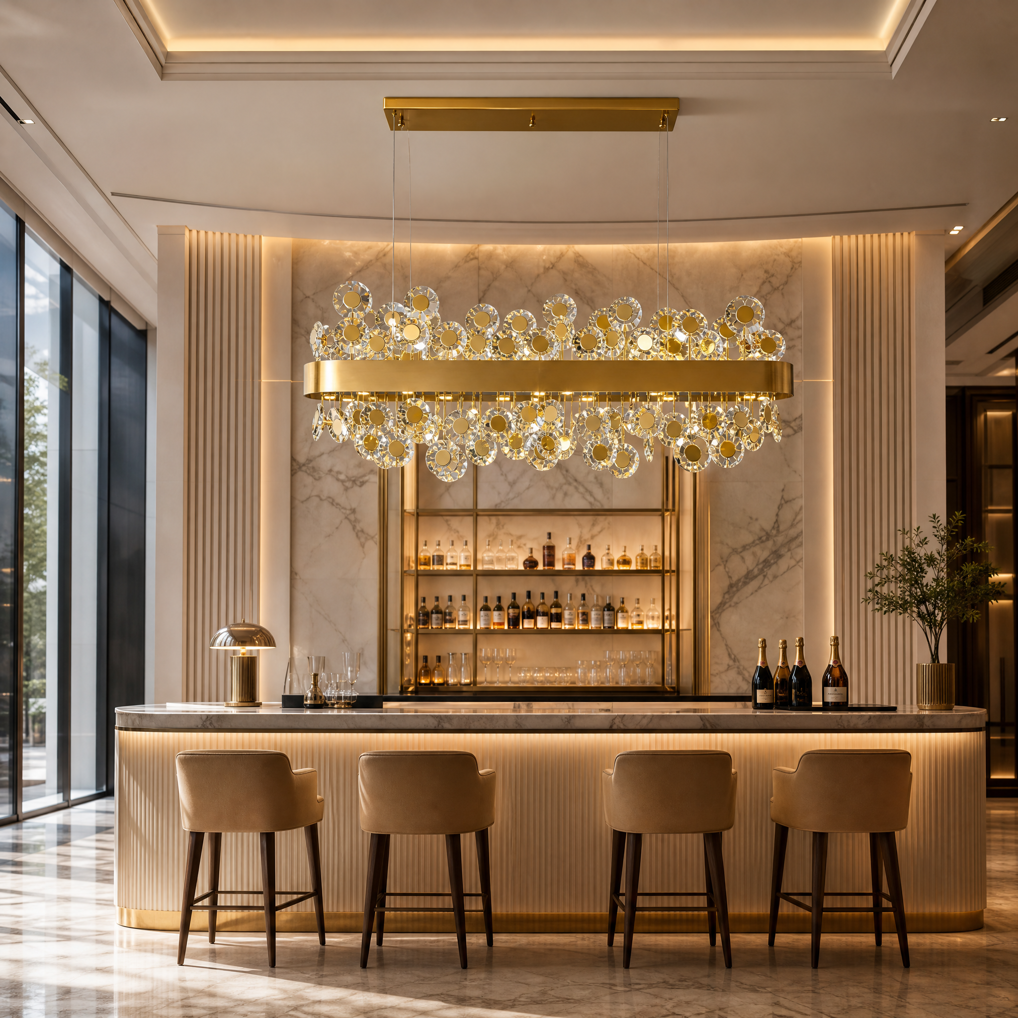 VORELLI Patara rectangular modern chandelier with diamond-cut crystals hanging in a high-end boutique hotel lobby.