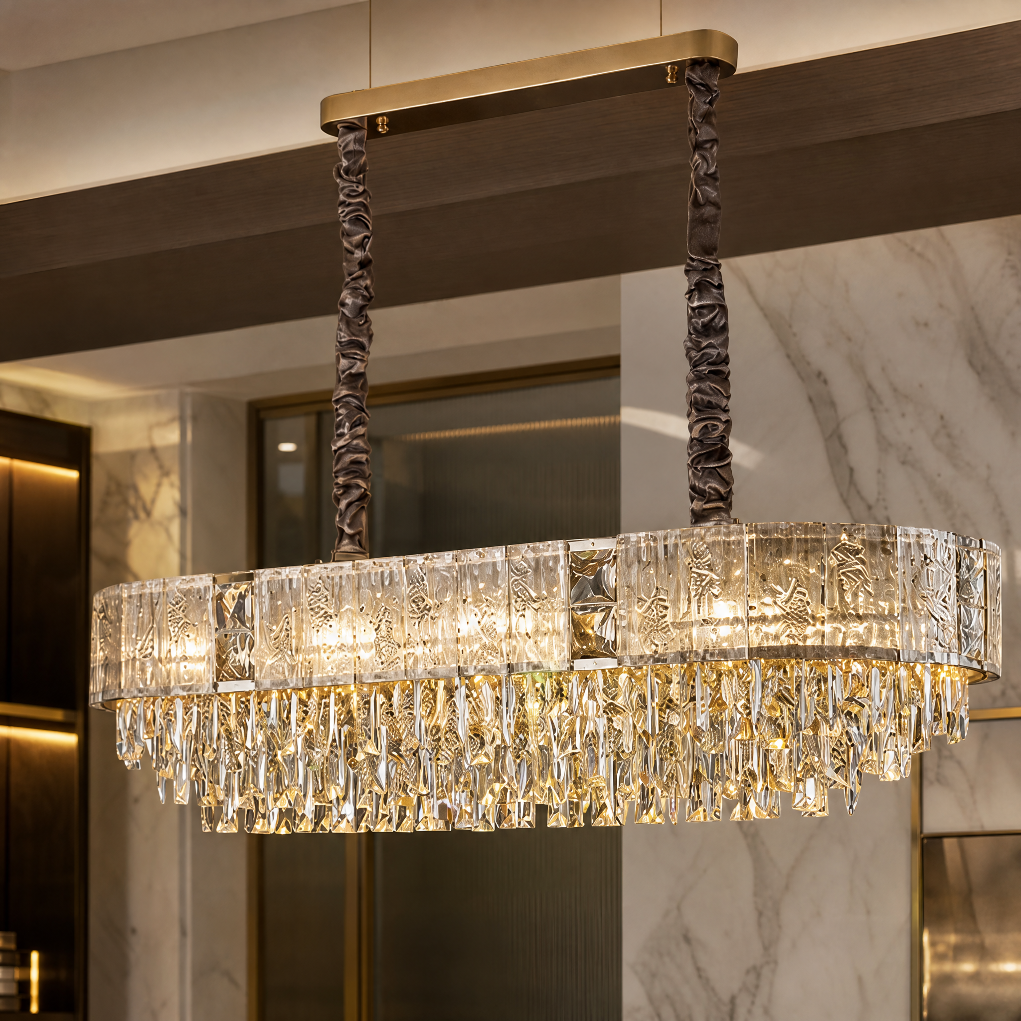 Macro shot of the VORELLI Patrizio chandelier showing the intricate interplay between cracked crystal elements and precision diamond-cut rectangular crystals.