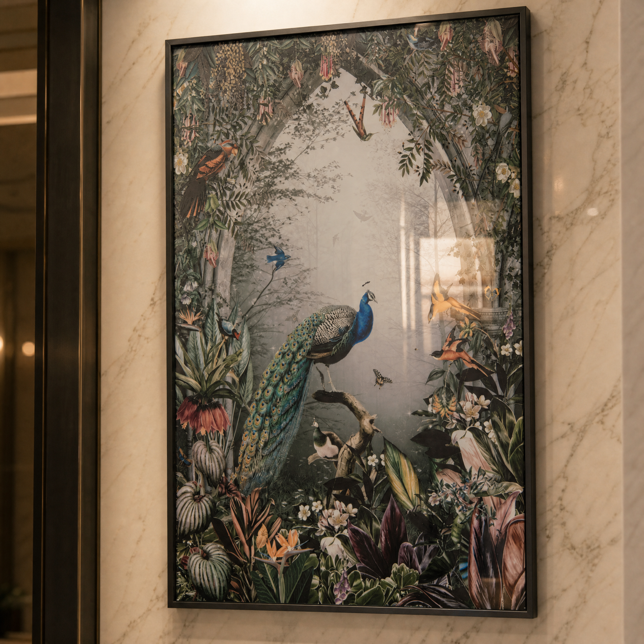 A detailed closeup of the Peacora Glass Art Canvas, highlighting the intricate glass detailing and textured craftsmanship on the regal peacock feathers and exotic birds.