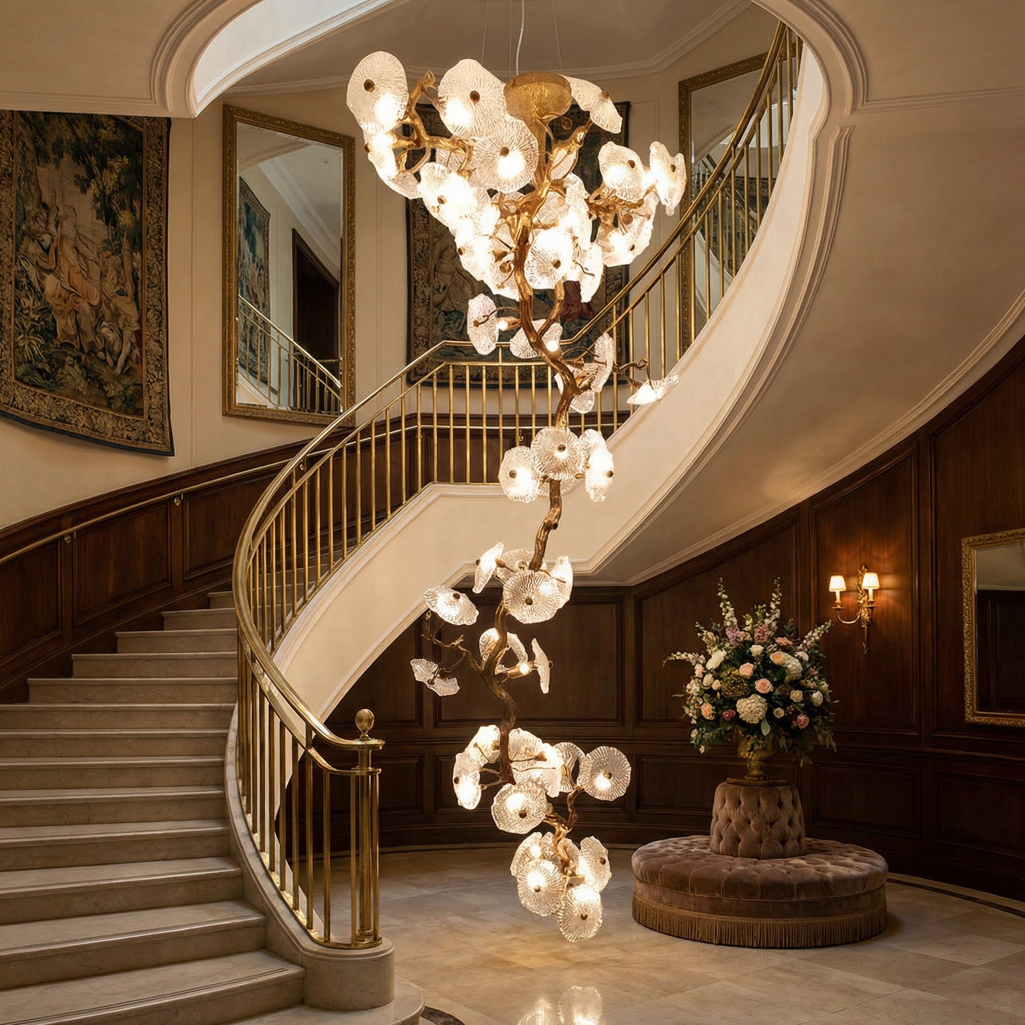 Penny Leaf linear staircase chandelier cascading through a luxury double-height interior