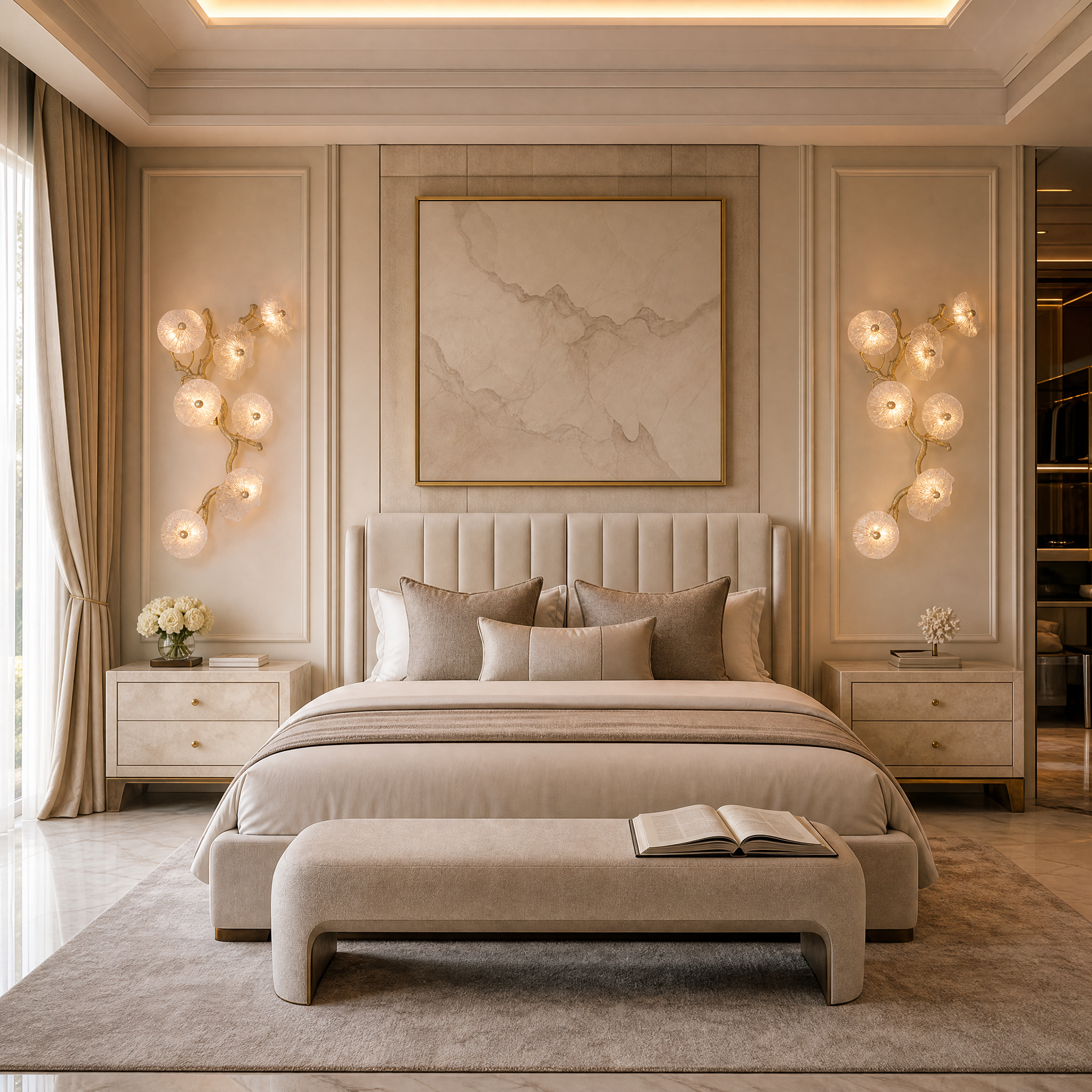 A close-up of the Penny Leaf Wall Light installed in a modern luxury living room, casting soft, warm light over organic glass leaf details.