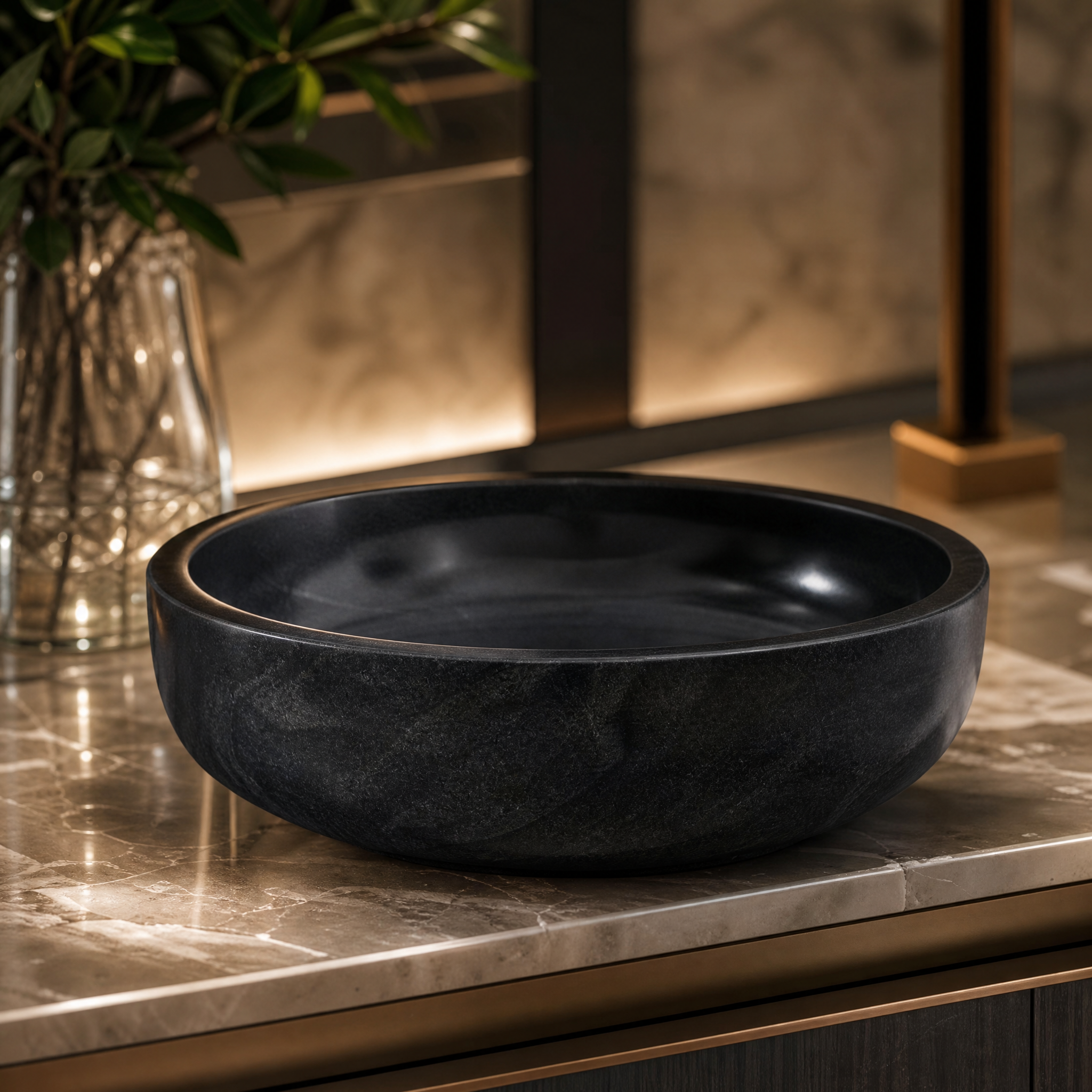 Close-up detail of the VORELLI Pietrina bowl showcasing the rich texture and sleek polished finish of the authentic black marble.