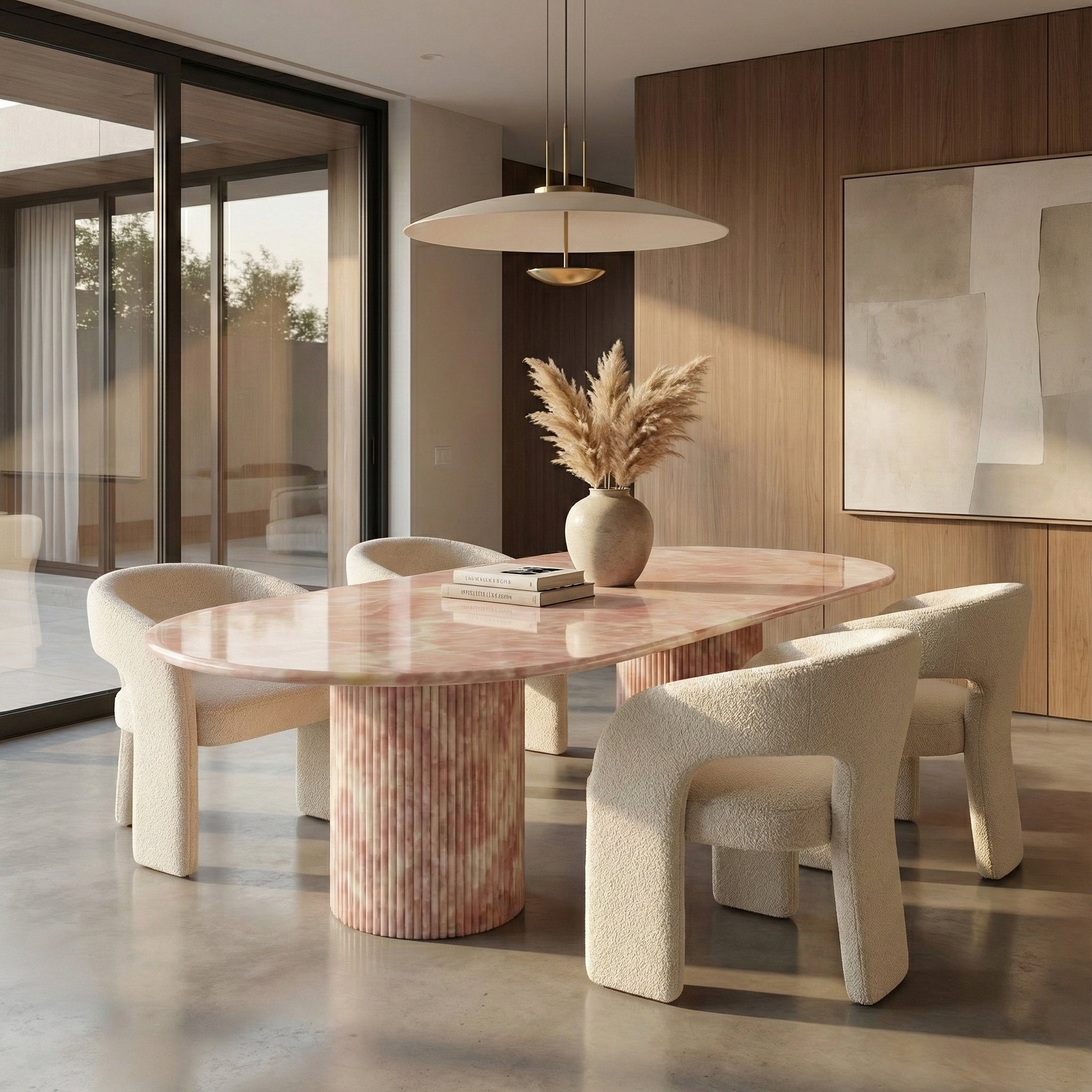 Pink Onyx Oval Dining Table - Fluted