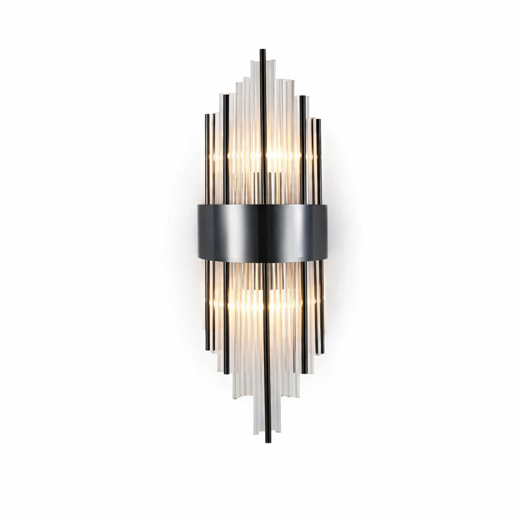 Piper Point wall light featuring vertical cylindrical tubes running through structured wall mounted frame on white background