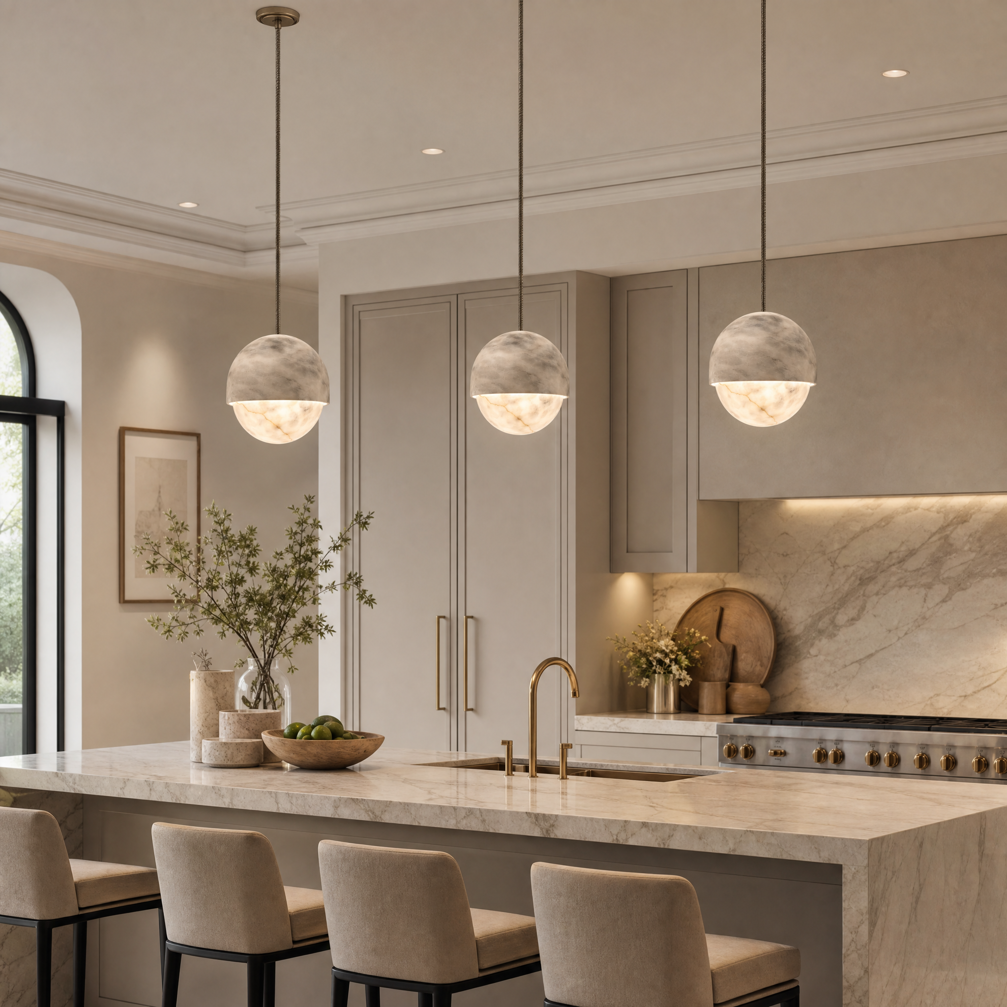 VORELLI Pluto Marble Pendant Light illuminating a luxury residential living room, showcasing its celestial half-sphere natural stone design and timeless sophistication.