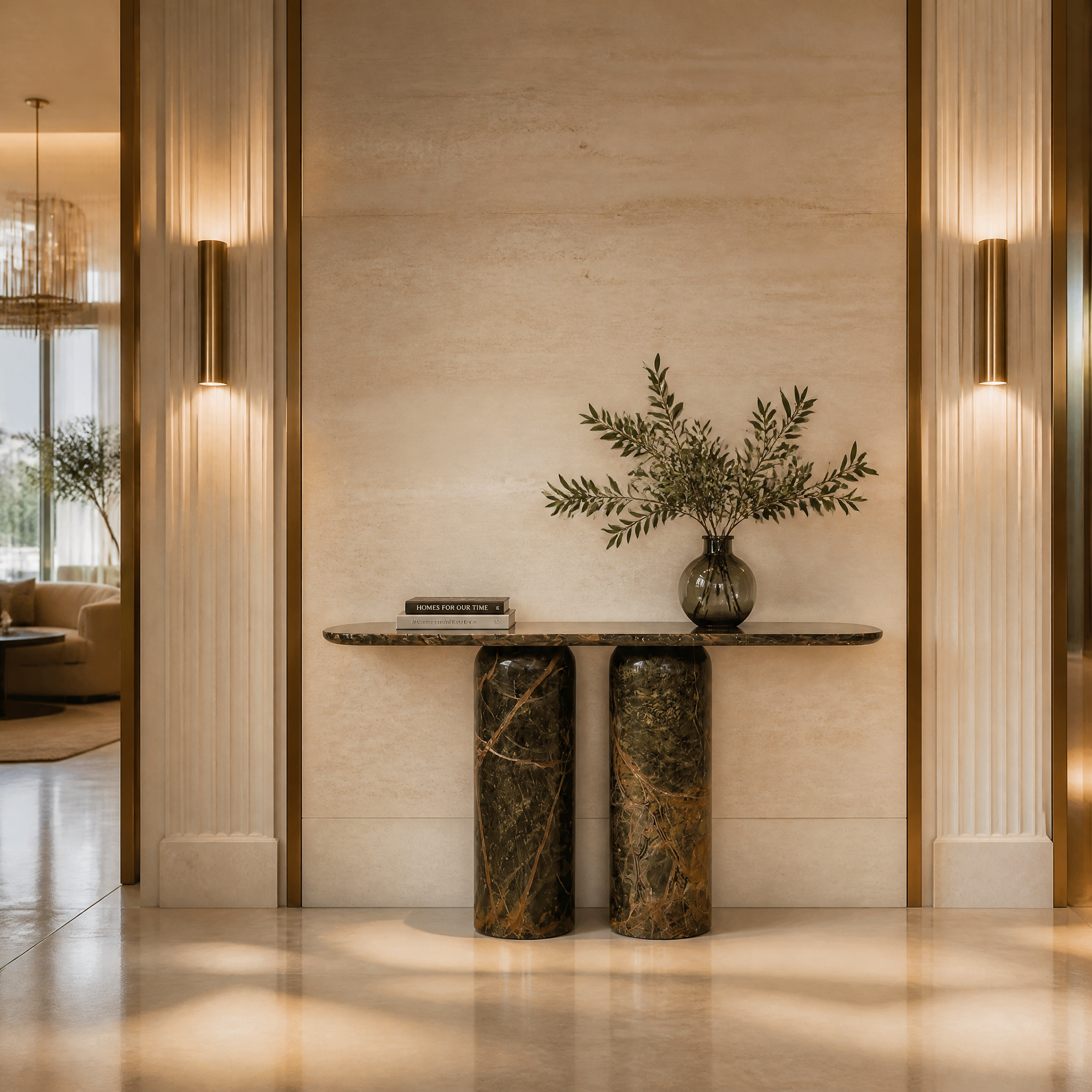 VORELLI Posillano luxury Forest Green marble console table acting as a sophisticated focal point in a high-end hotel hospitality lobby.