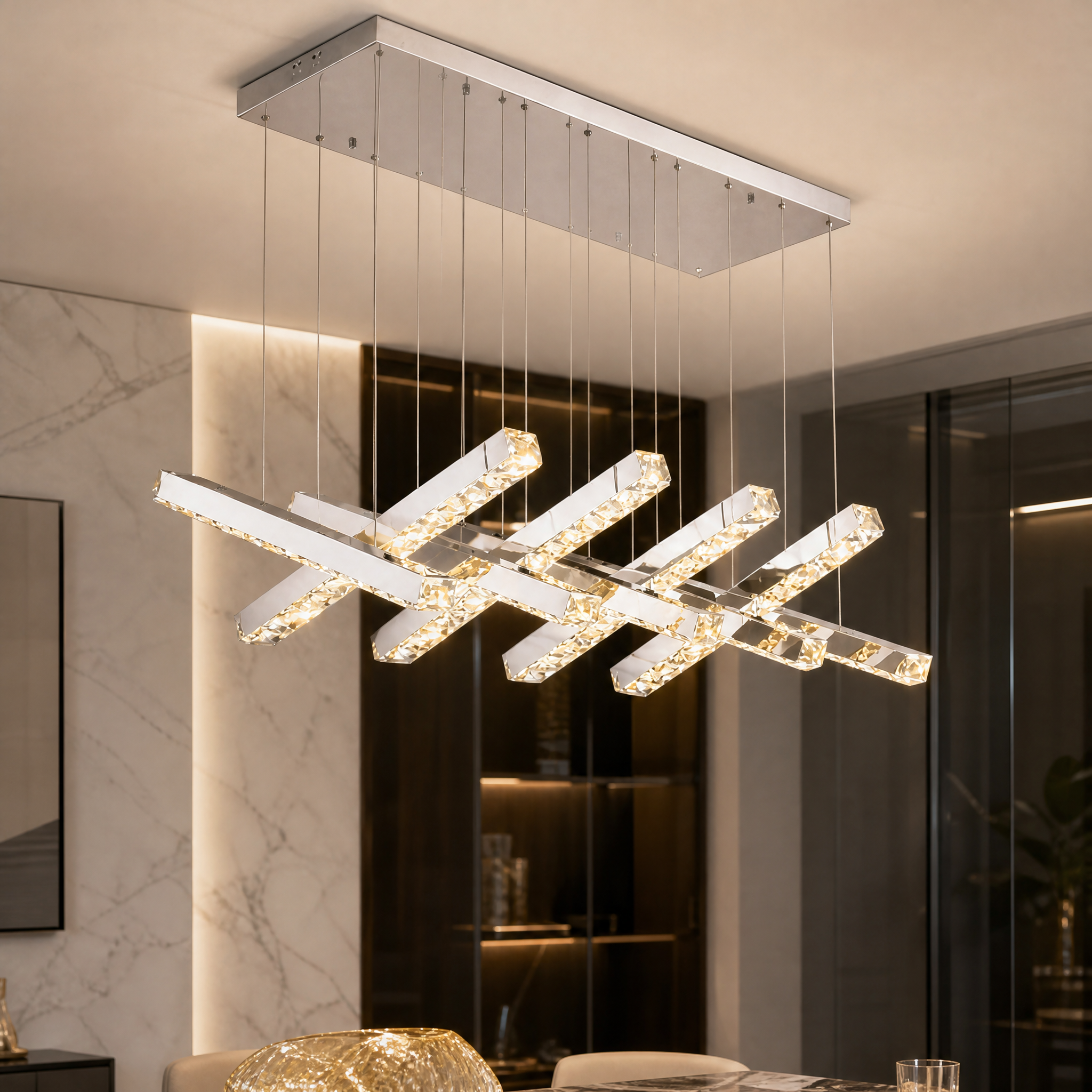 Macro closeup of the VORELLI Positano Chandelier, showcasing the intricate detail of its bold, linear layered crystal-adorned bars.