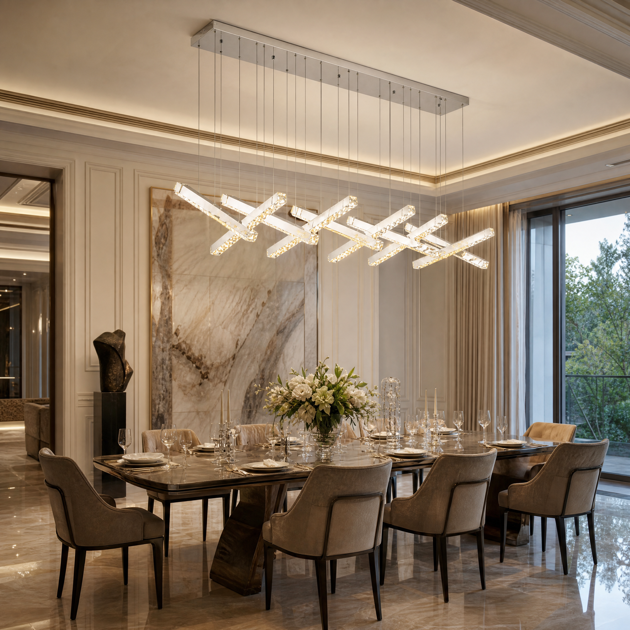 The VORELLI Positano Rectangular Chandelier illuminating a contemporary residential dining room with its layered crystal-adorned bars.