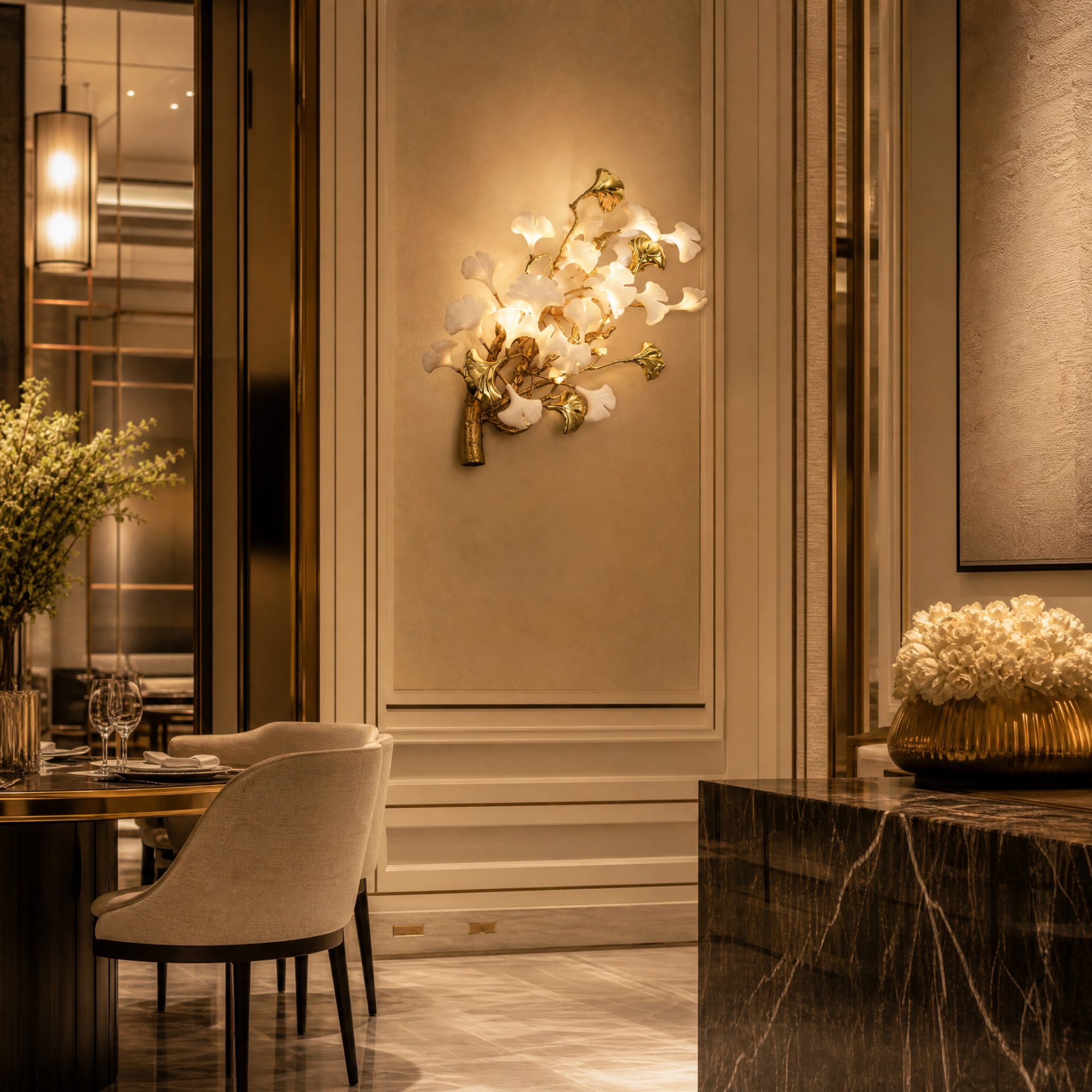 Elegant Prano sculpted wall sconces by VORELLI creating a warm, artistic atmosphere in a luxury hotel hospitality setting.