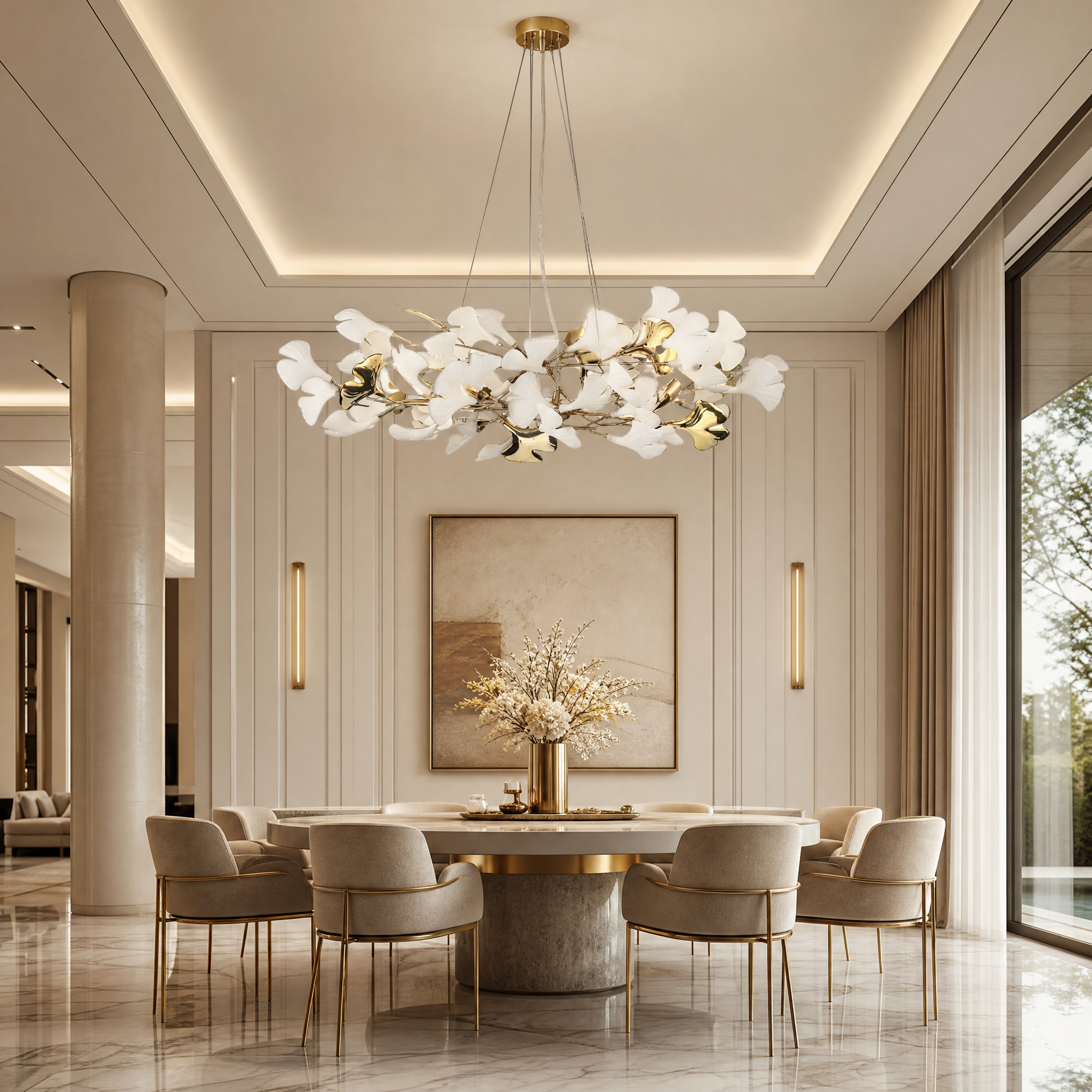 The Prano Circular Chandelier II by VORELLI hanging elegantly above a luxury residential dining room table, casting a soft refined glow over the contemporary interior design.