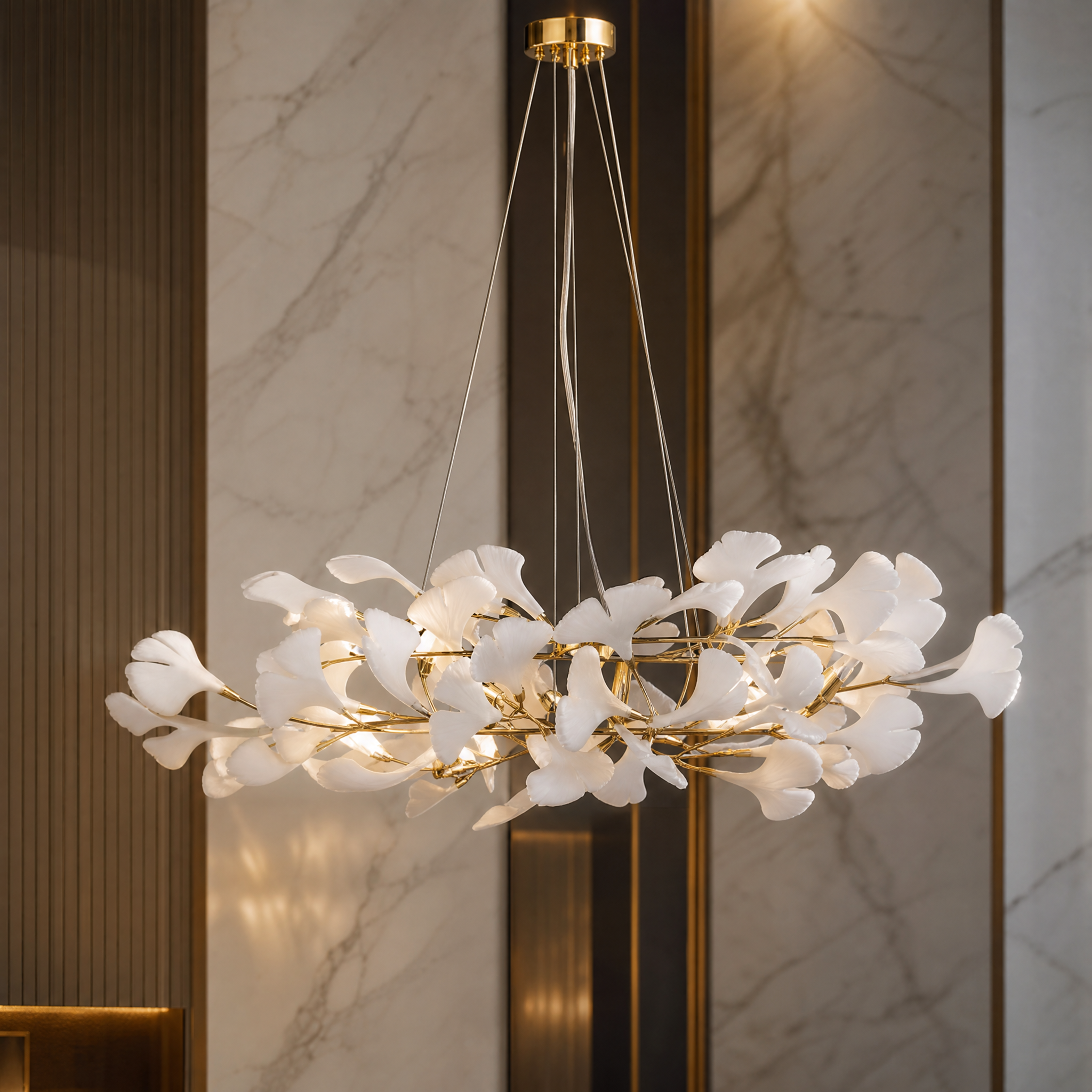 A detailed closeup of the VORELLI Prano Circular Chandelier III showcasing the intricate, hand-crafted flowing floral glass forms and refined metallic structure.