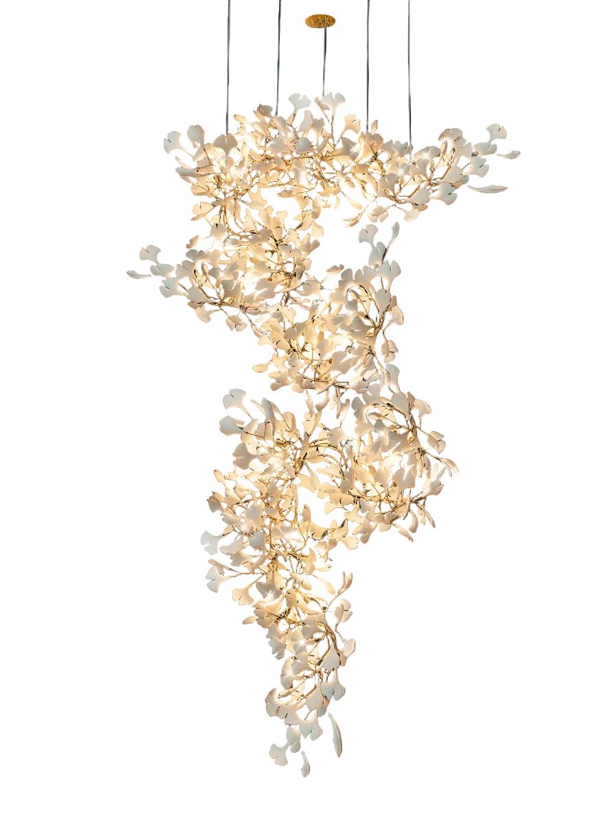 Prano linear staircase chandelier featuring cascading sculptural ceramic petal forms arranged in vertical statement formation on white background