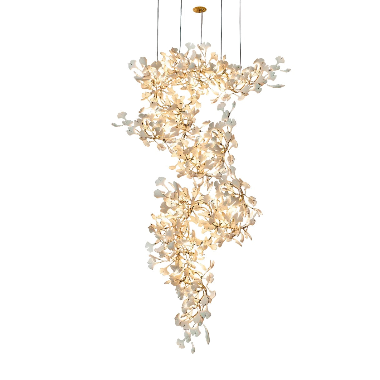 Prano linear staircase chandelier featuring cascading sculptural ceramic petal forms arranged in vertical statement formation on white background