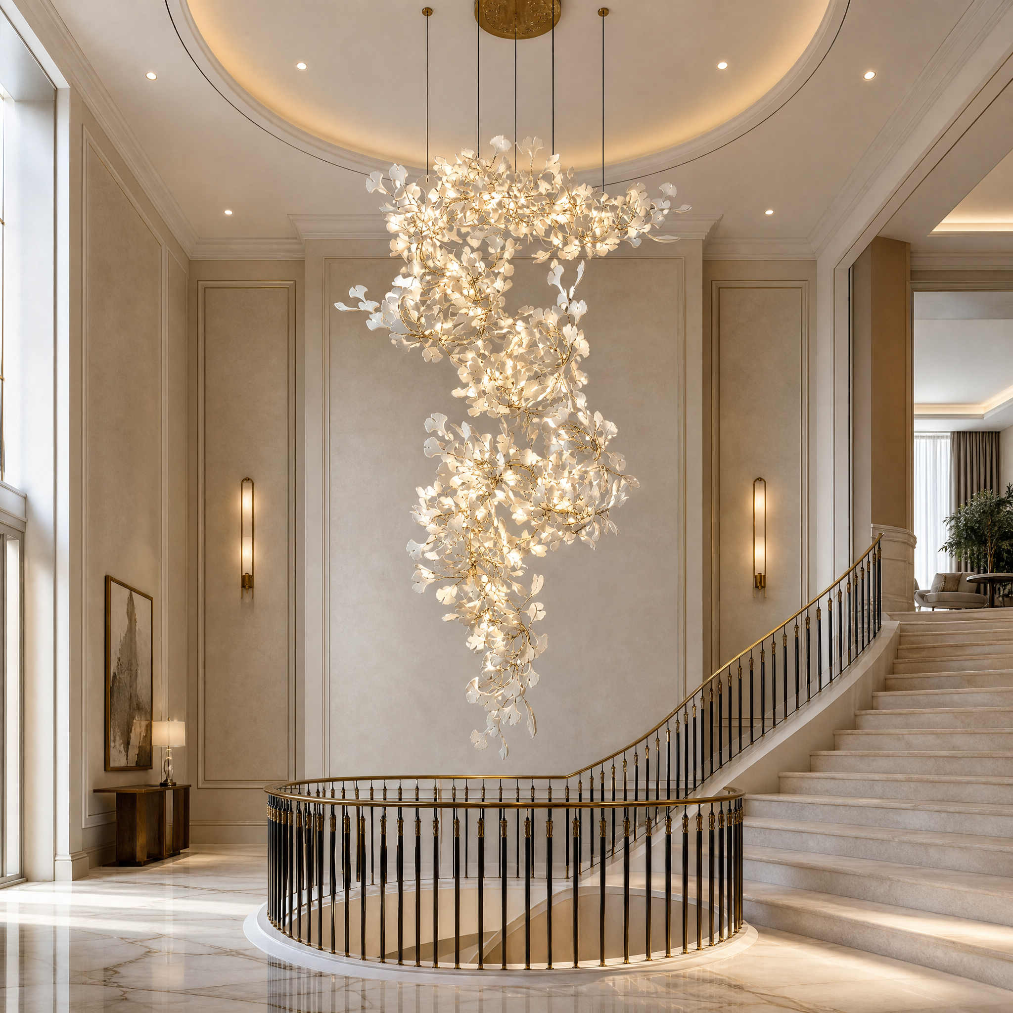 VORELLI Prano linear staircase chandelier casting a warm glow over a grand luxury residential entryway and floating stairs.