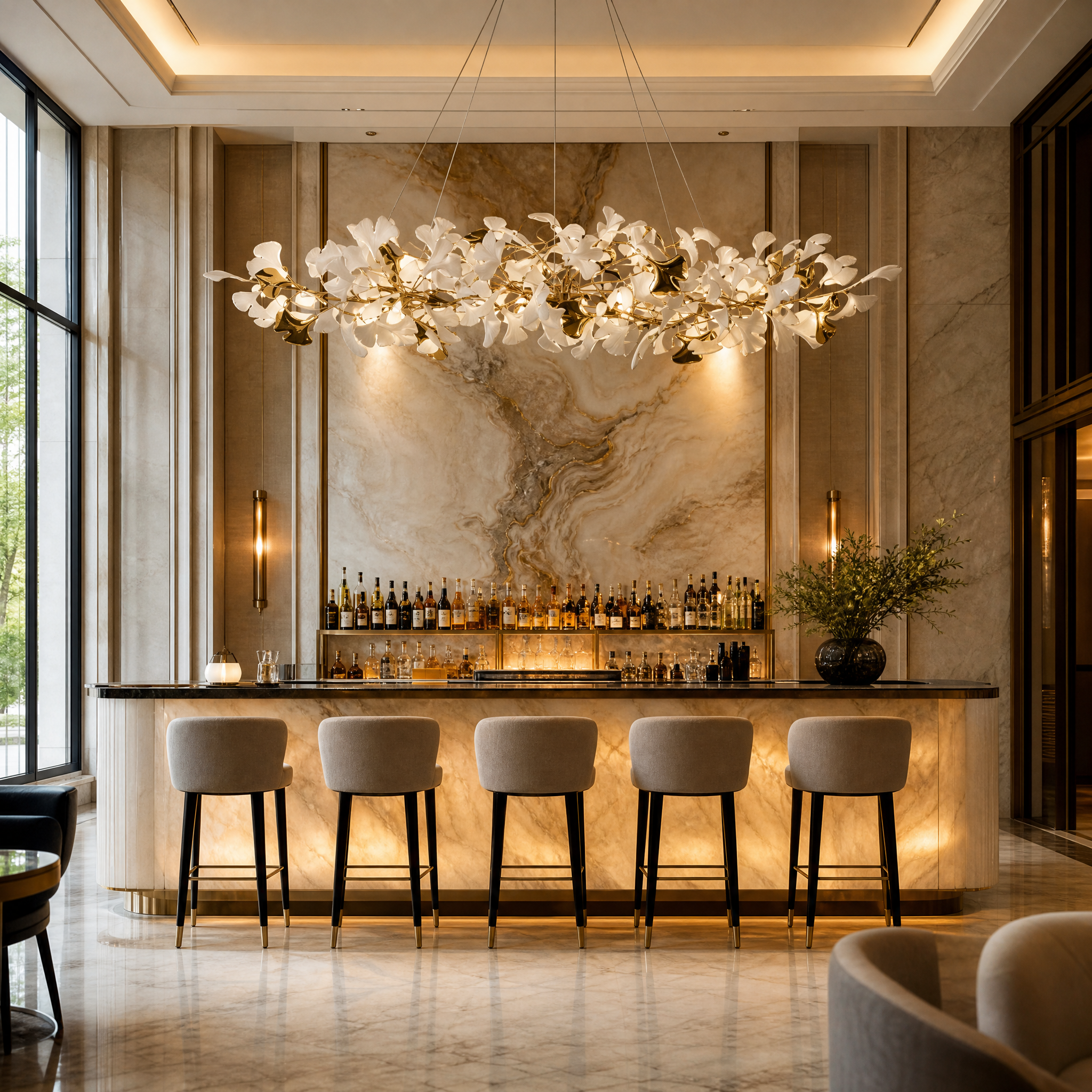 The Prano rectangular chandelier by VORELLI hanging in a high-end hospitality setting, showcasing its architectural presence and soft ambient lighting.