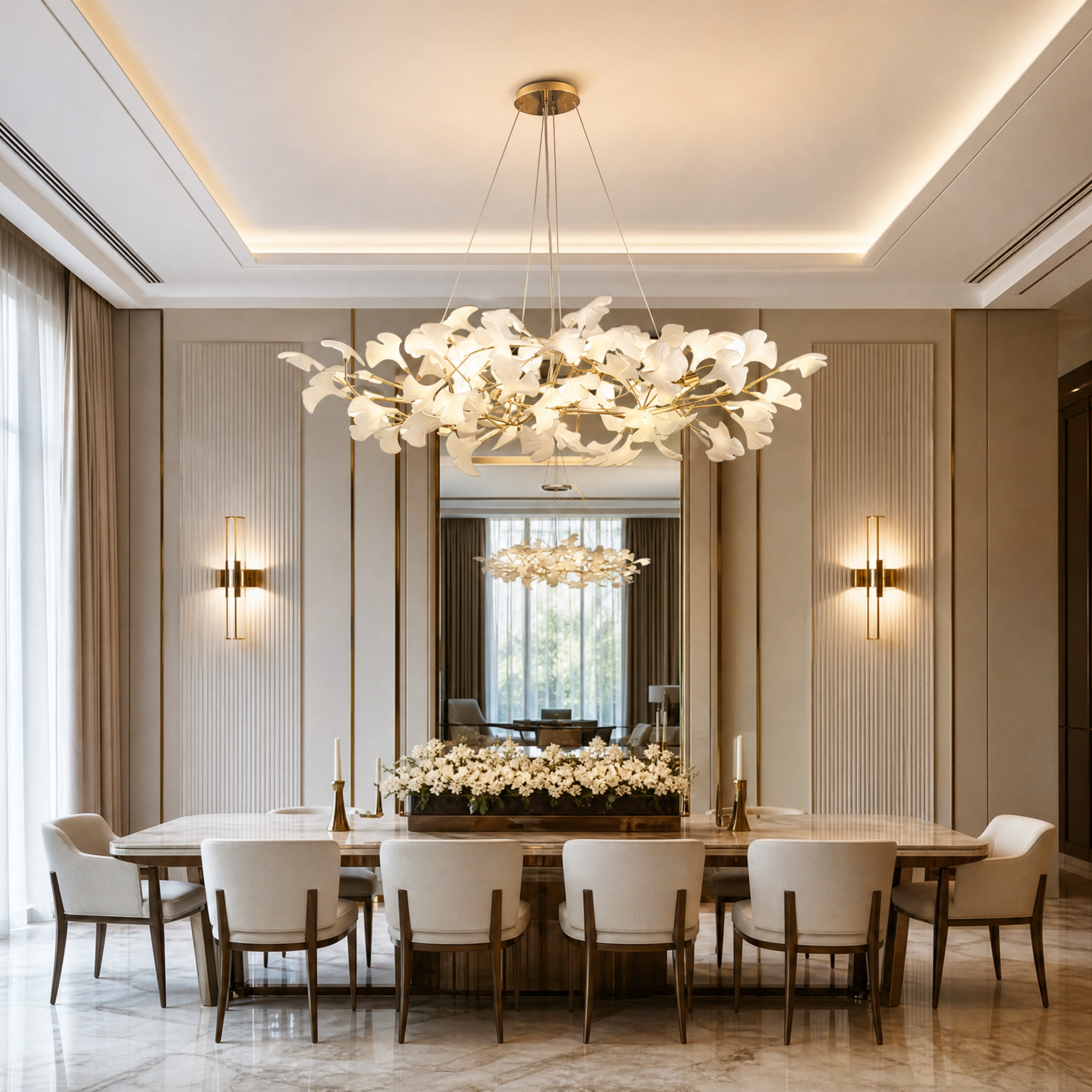The VORELLI Prano Rectangular Chandelier III suspended over a luxury contemporary dining table, casting a warm glow through its flowing ceramic leaves.