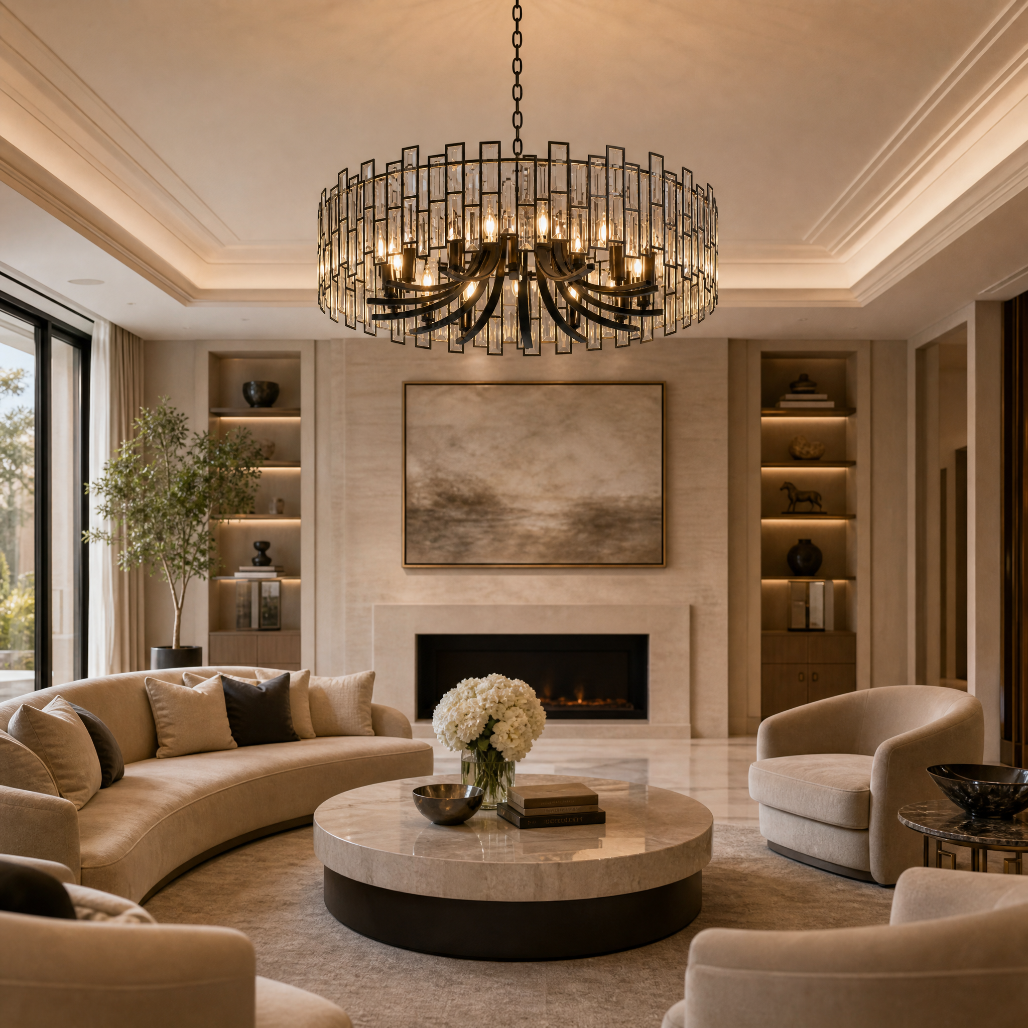 The VORELLI Presidio Circular Chandelier II illuminated in a luxury modern residential dining room, casting a warm ambiance over contemporary decor.