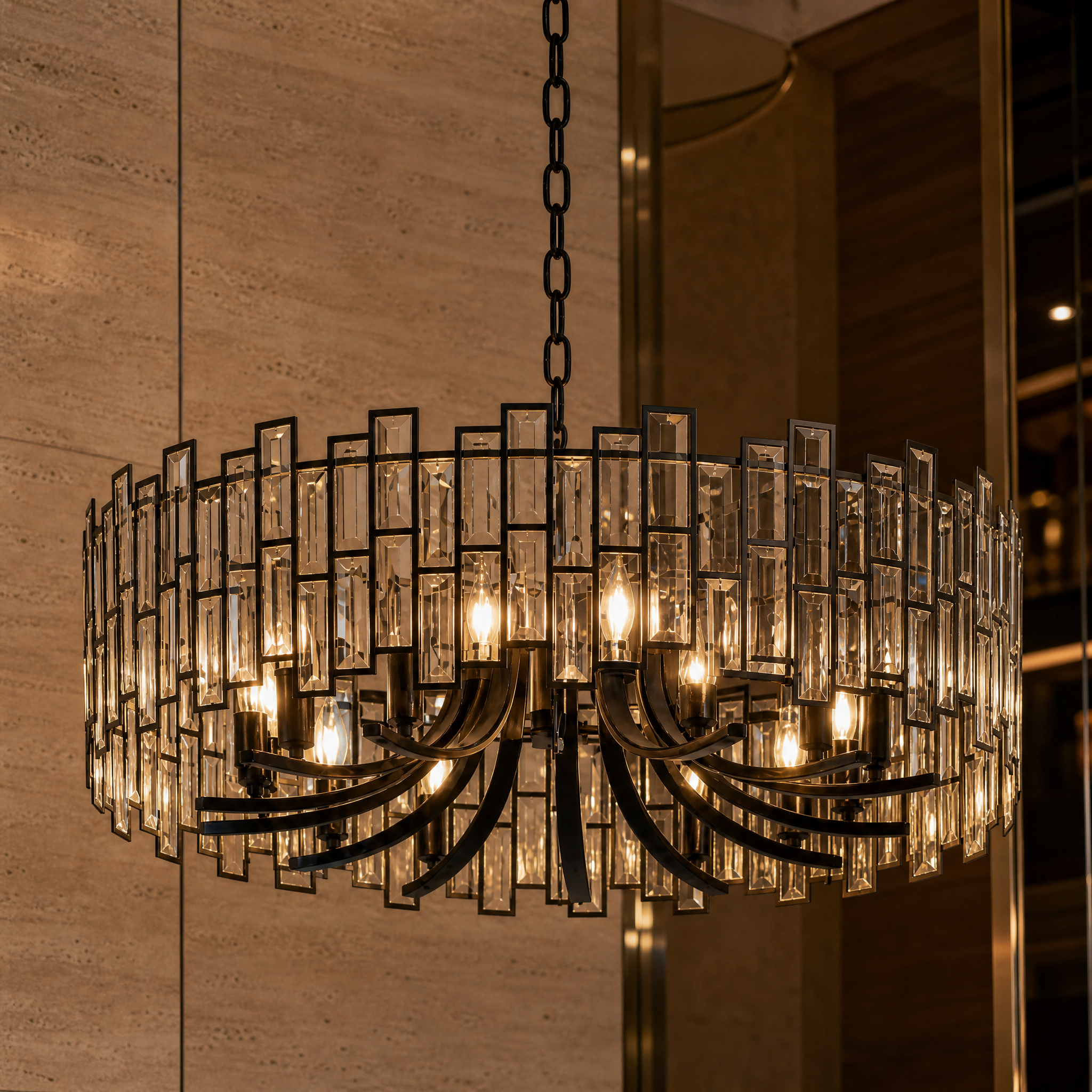 Macro detail shot of the VORELLI Presidio Circular Chandelier II showcasing the refined matte finish frame and the intricate clarity of its sleek rectangle crystals.