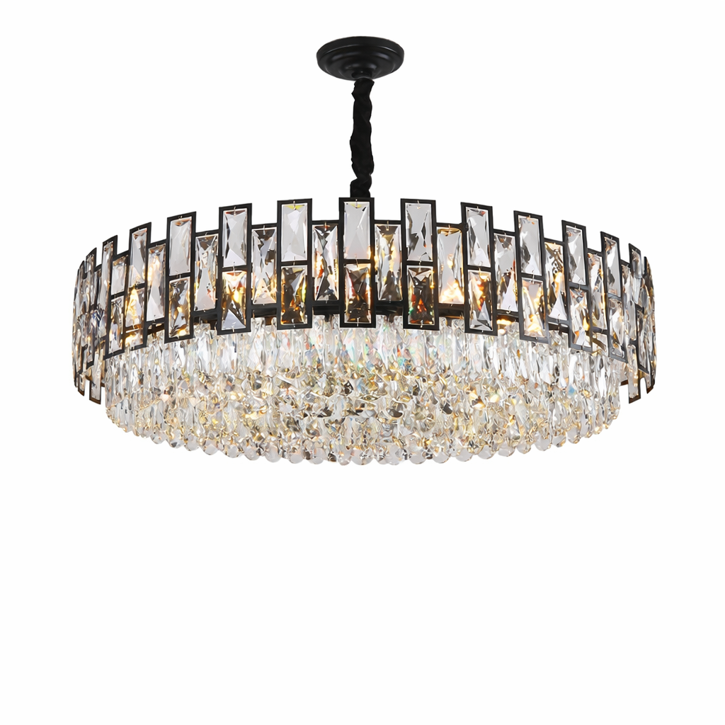 Presidio circular chandelier featuring sleek rectangular frames and cascading faceted arch cut crystals on white background