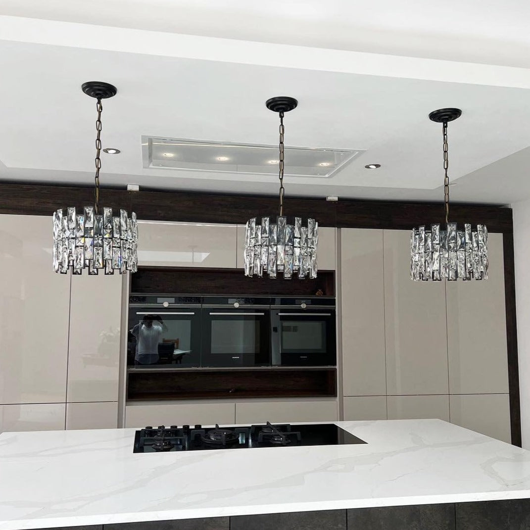 Presidio luxury crystal pendant light enhancing refined dining space with structured rectangular crystal detailing