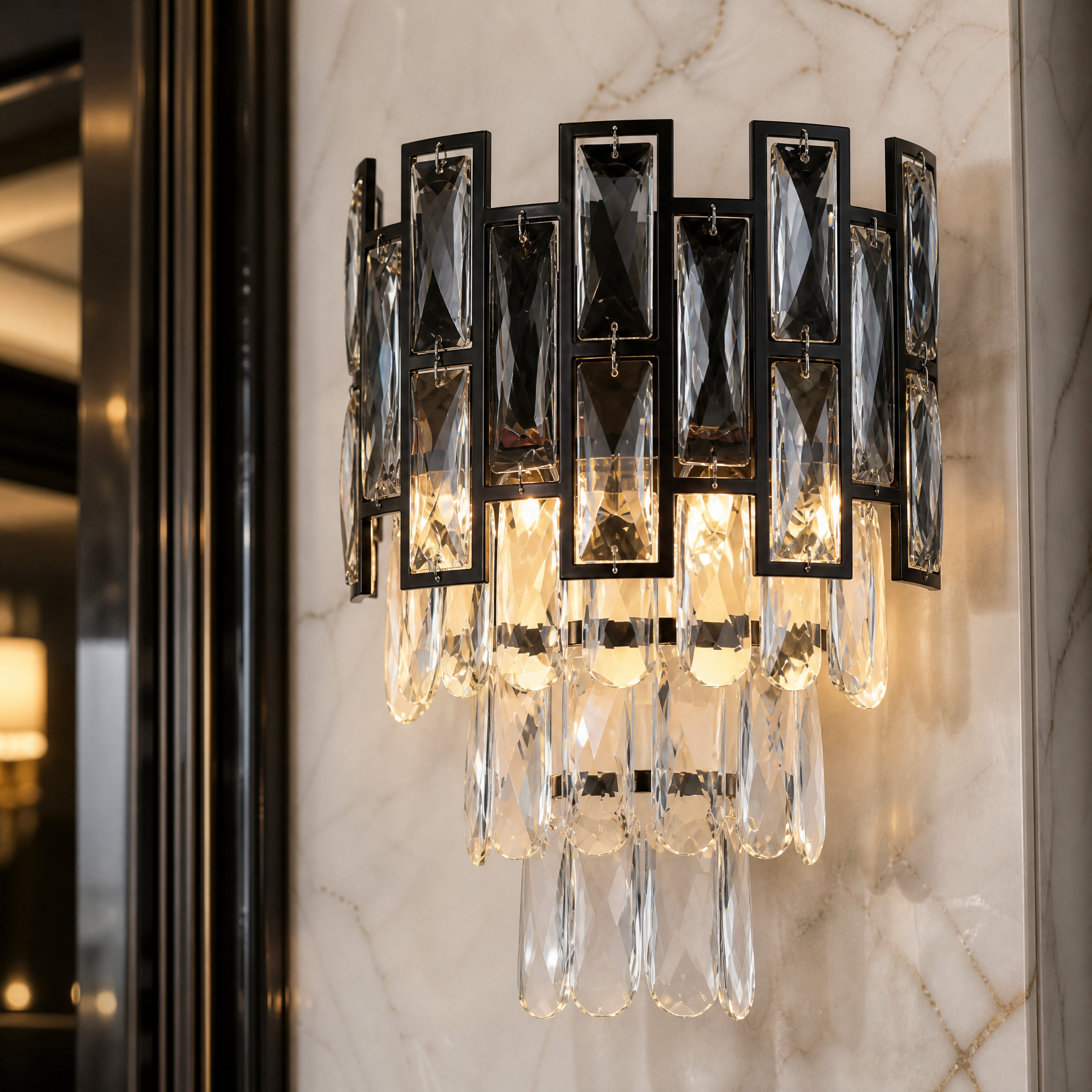 Detailed closeup of the Presidio wall light showcasing the intricate blend of rectangle and faceted arch crystals