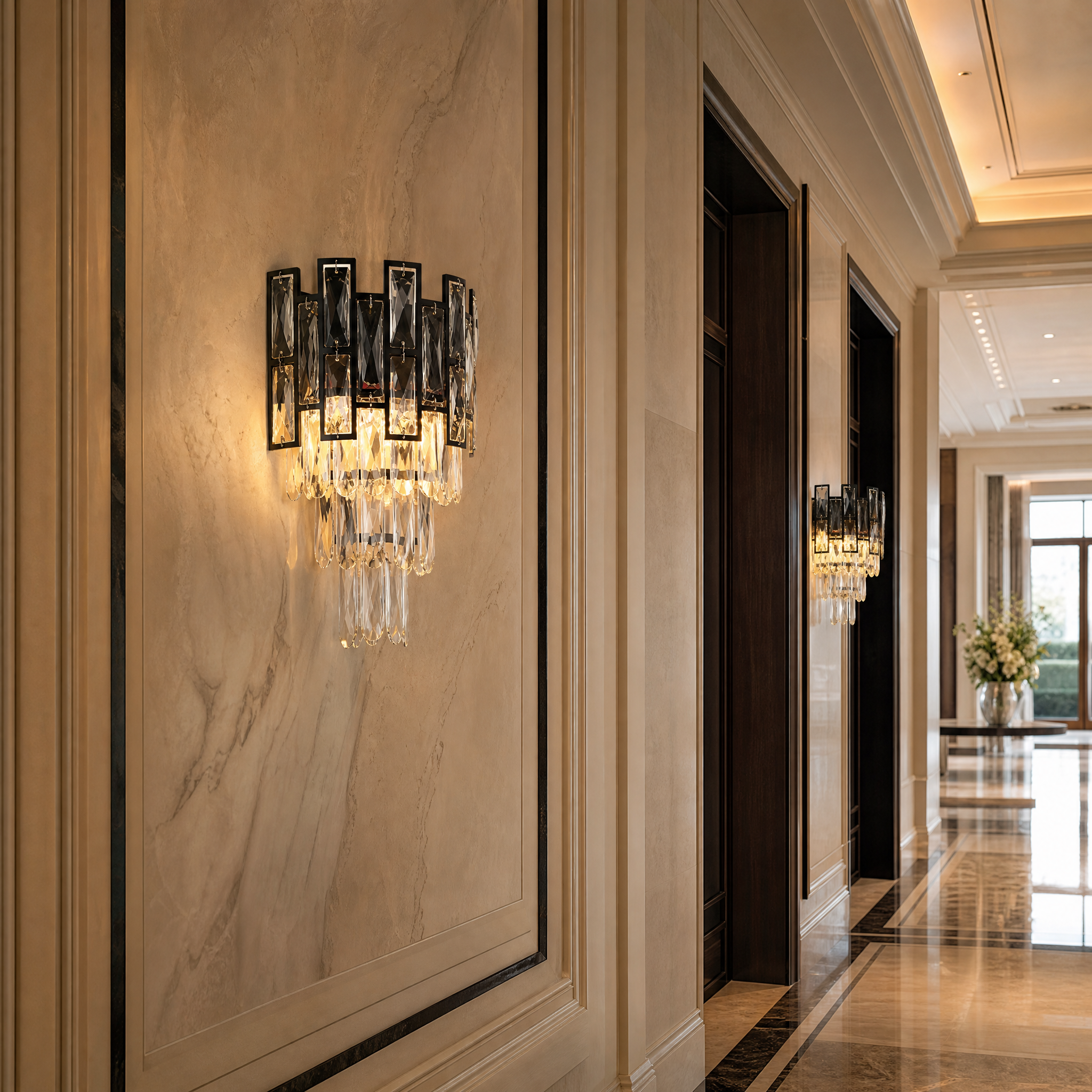Elegant Presidio wall sconce illuminating a sophisticated hotel hallway with warm ambient light