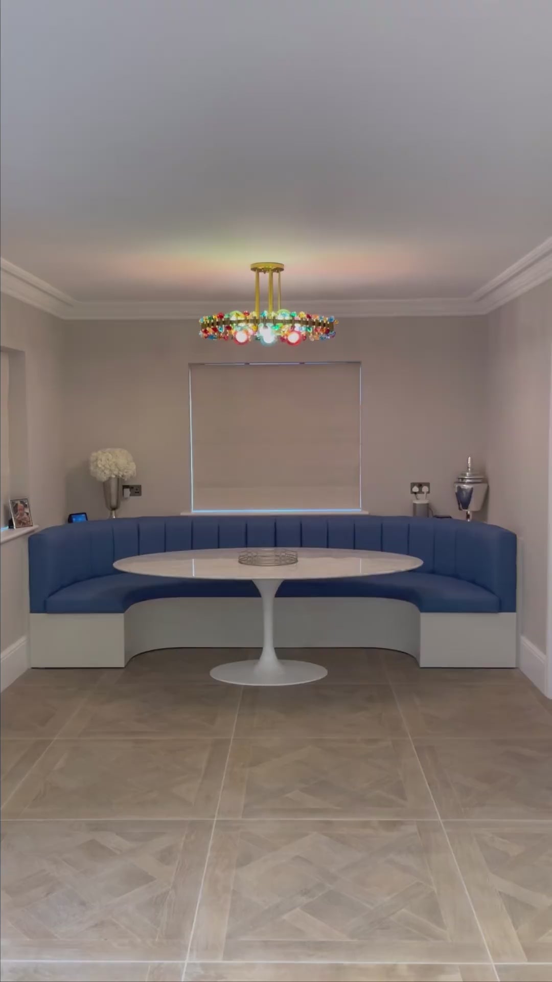 VORELLI® Alytus pendant light installed above a luxury kitchen island, showcasing crystal detailing and warm ambient illumination.