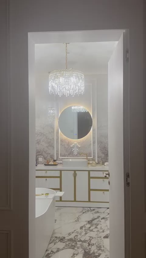 Luxury Abruzzi circular chandelier in a high-end bathroom interior, designed to elevate modern residential spaces by VORELLI®