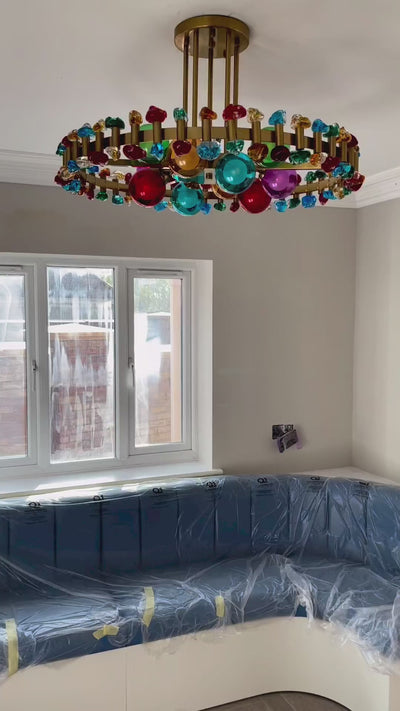 Close-up video of the VORELLI® Alytus pendant light highlighting precision crystal elements and refined lighting design.