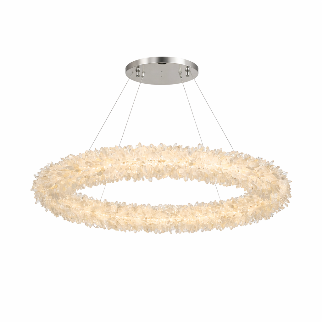 Quartz circular chandelier featuring naturally formed quartz crystal shards arranged in halo ring formation on white background