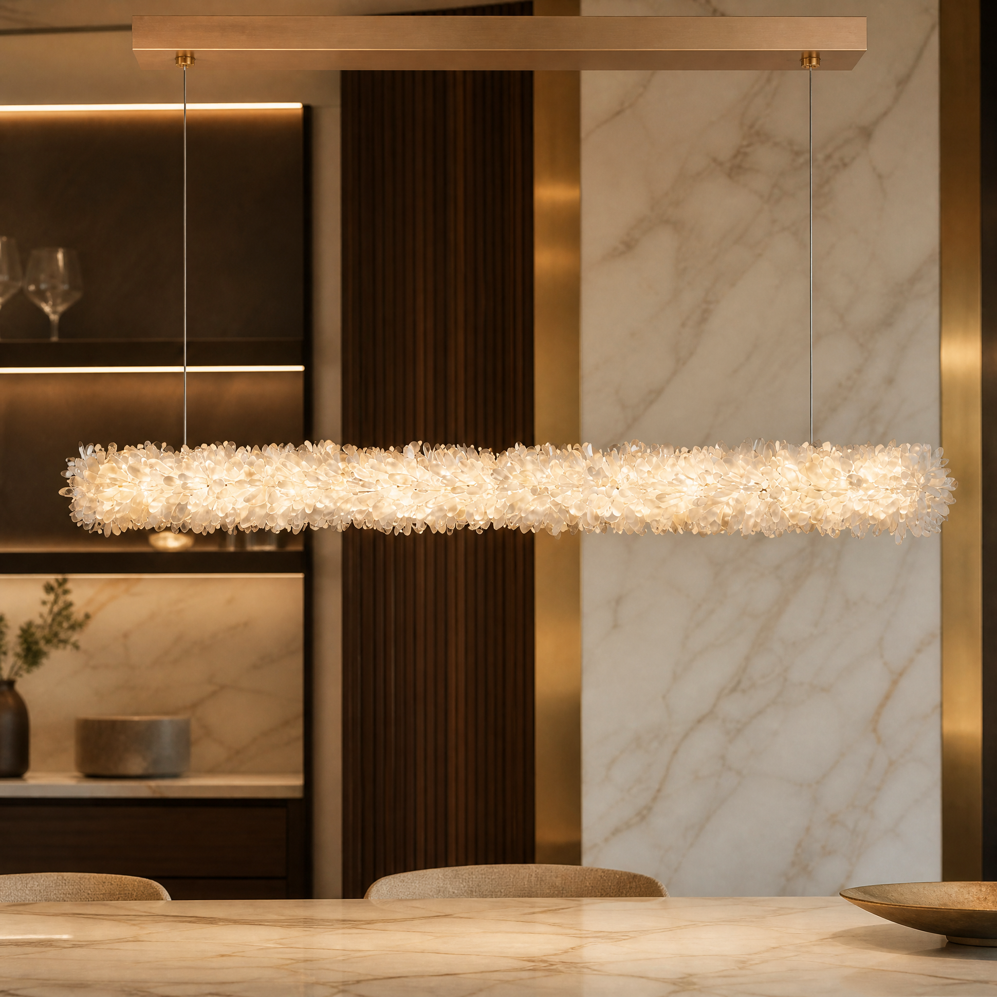 Detailed macro view of the natural quartz crystal shards on the VORELLI Quartz Linear Rectangular Chandelier, showcasing the refined texture.