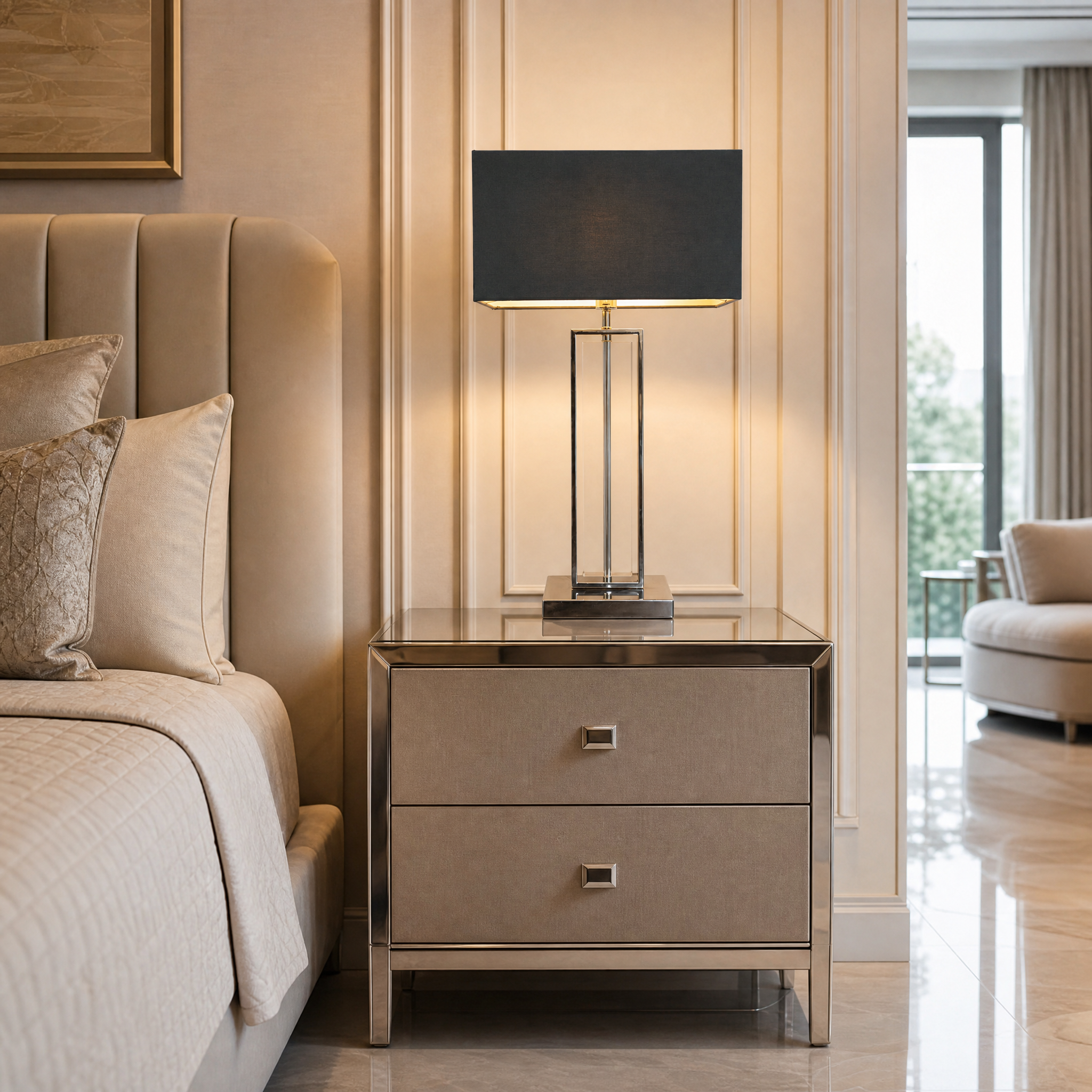 The VORELLI Ravelle nickel table lamp with a charcoal fabric shade beautifully illuminating a modern, luxury residential living room setting.