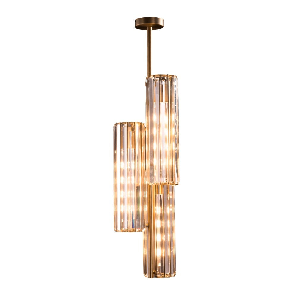 Reagan triple crystal pendant light showcasing three suspended cylindrical crystal elements in modern cluster design on white background