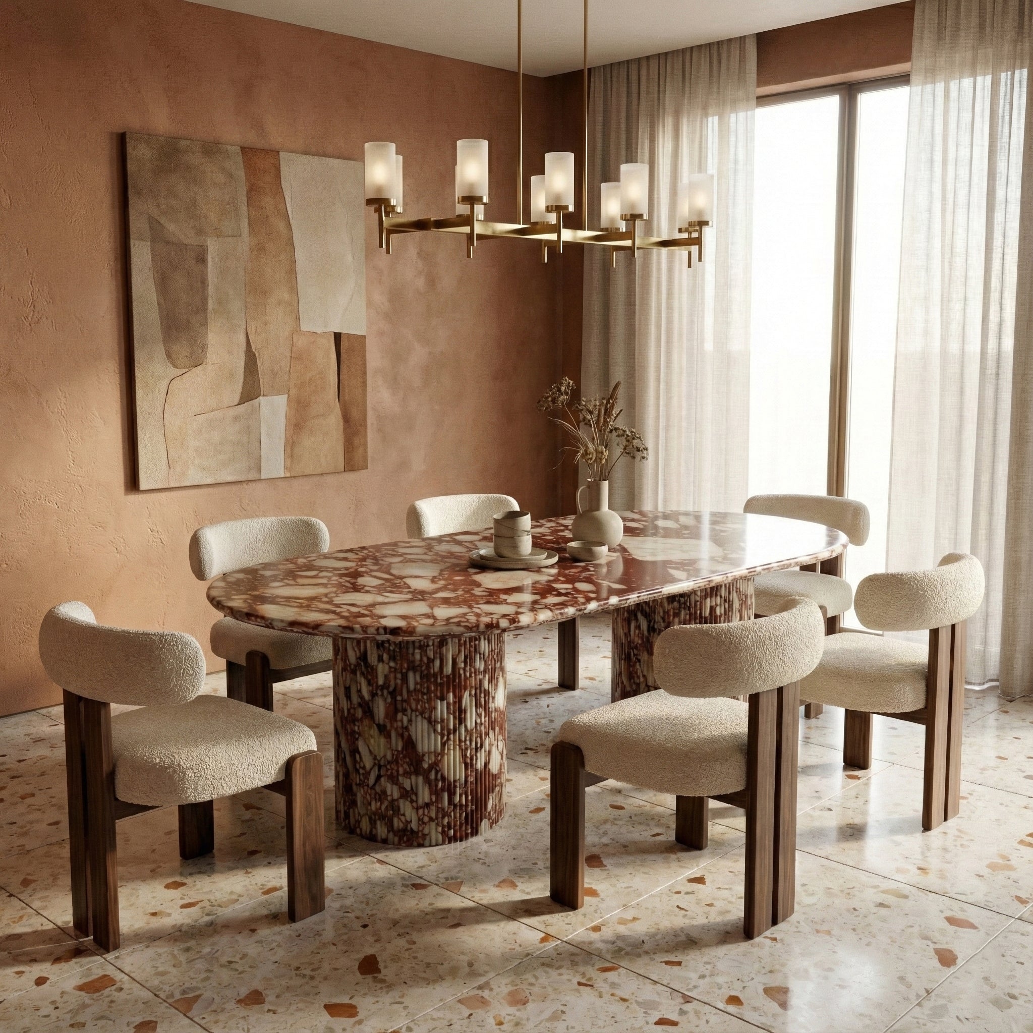 Red Bulgari Marble Oval Dining Table - Fluted