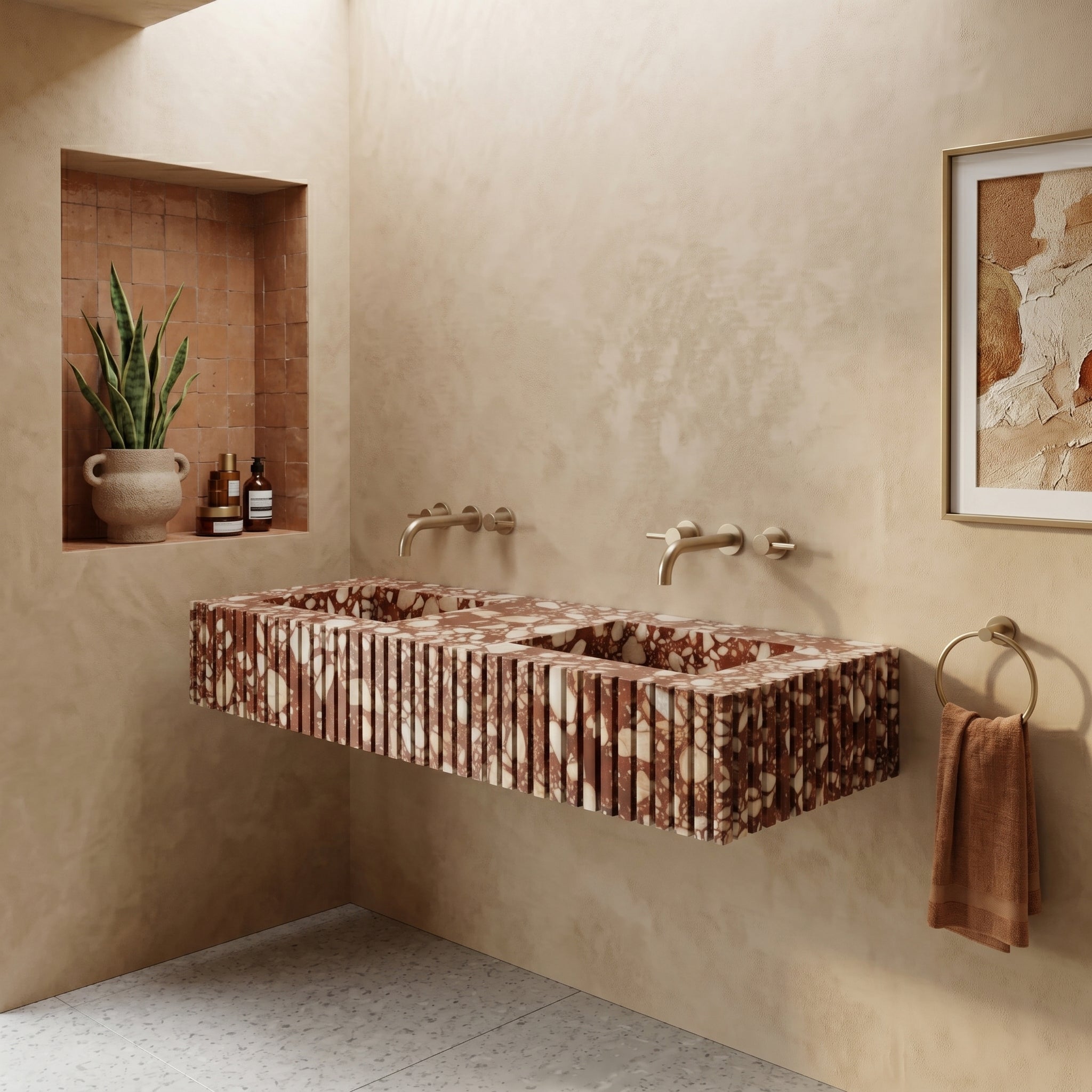 Red Bulgari Marble Double Sink - Fluted