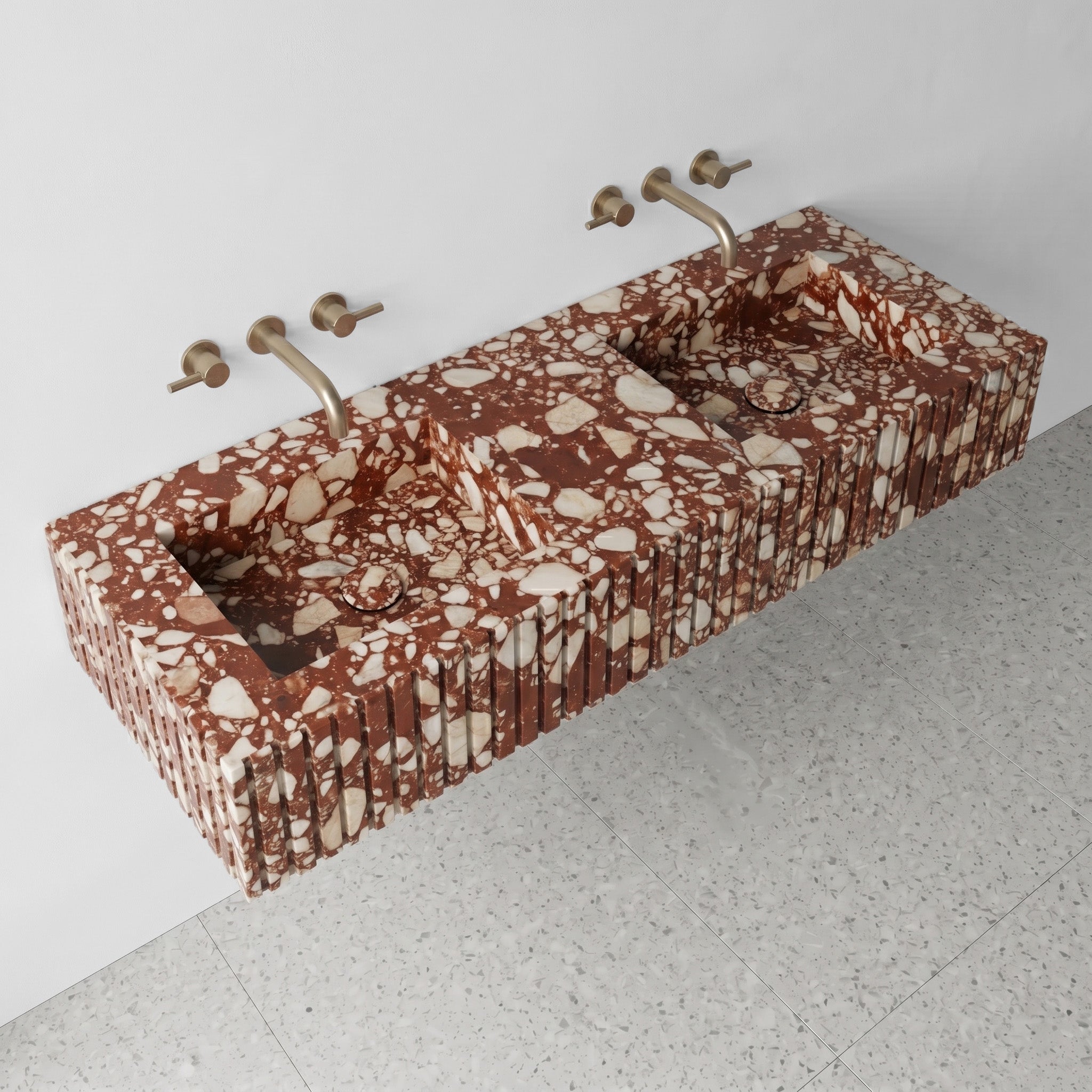Red Bulgari Marble Double Sink - Fluted