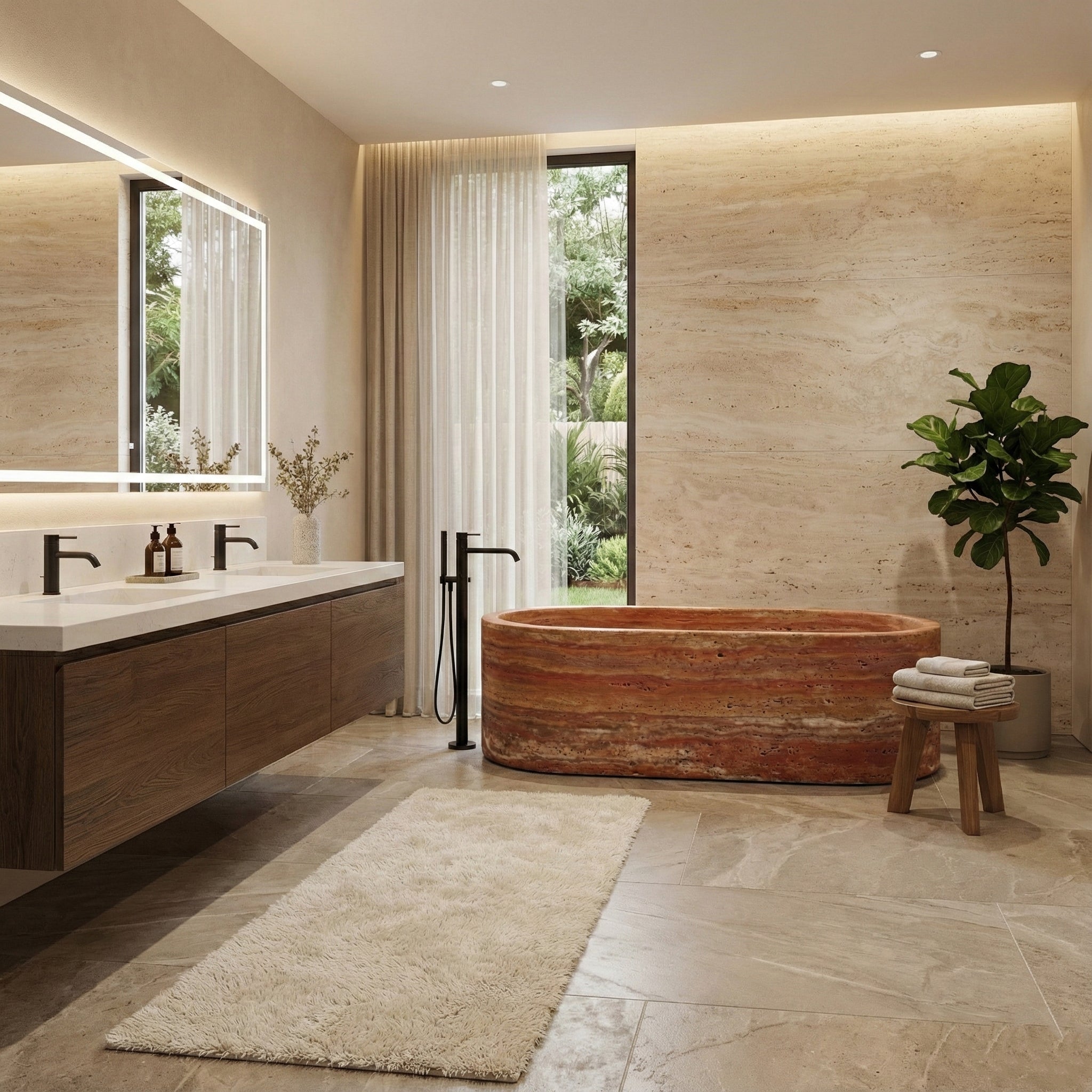 Red Travertine Freestanding Bathtub - Elliptical