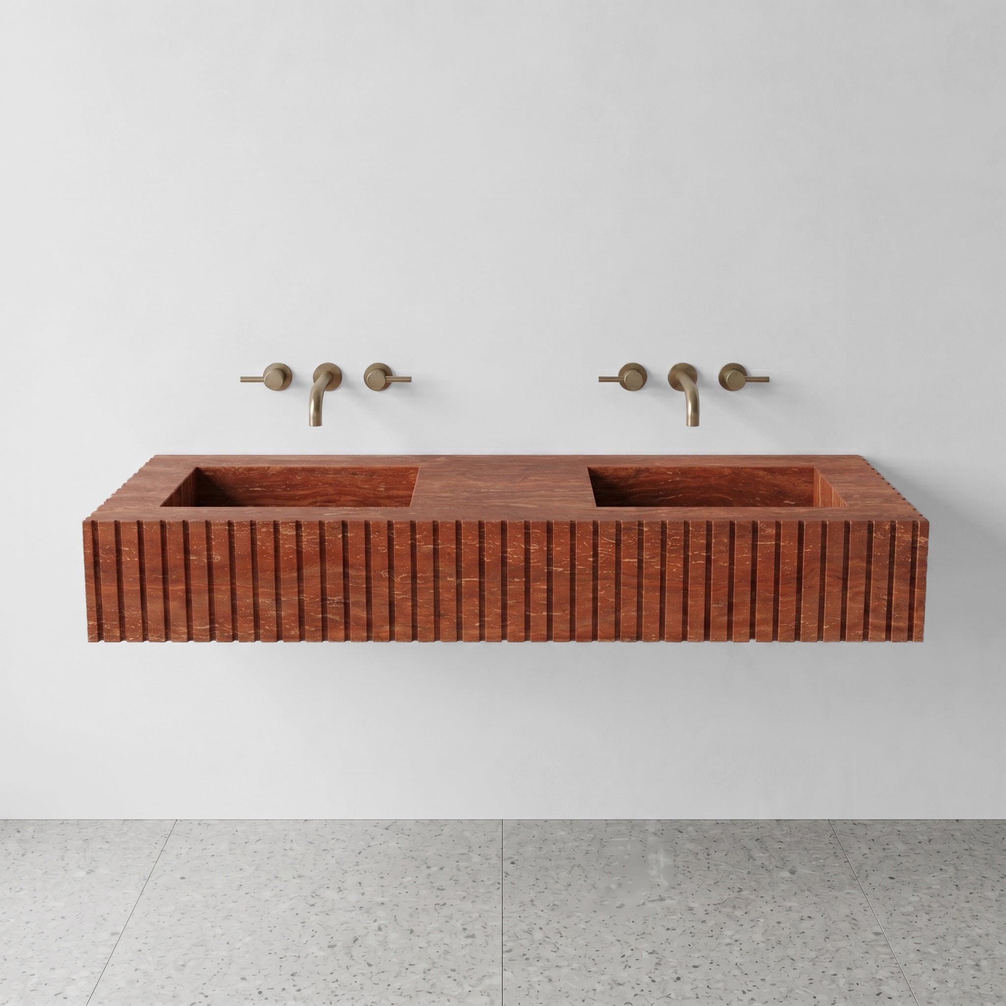 Red Travertine Double Sink - Fluted