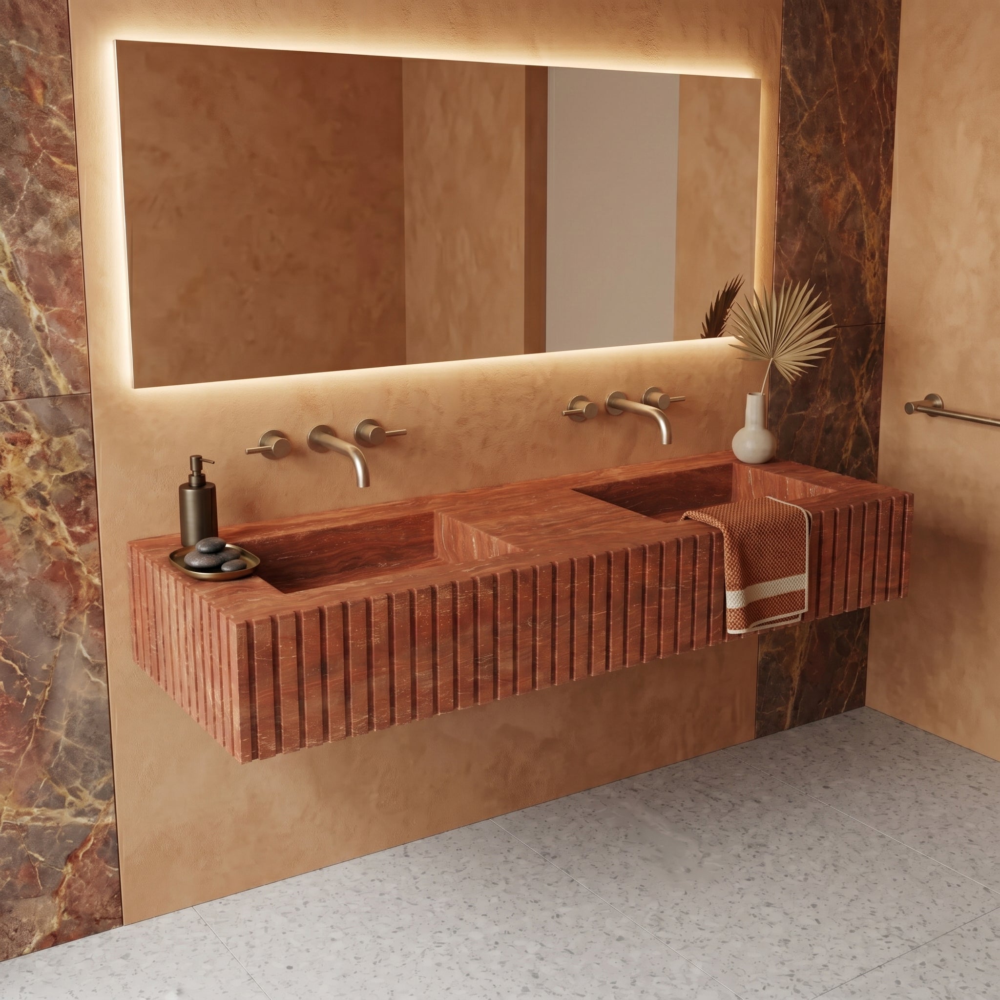 Red Travertine Double Sink - Fluted